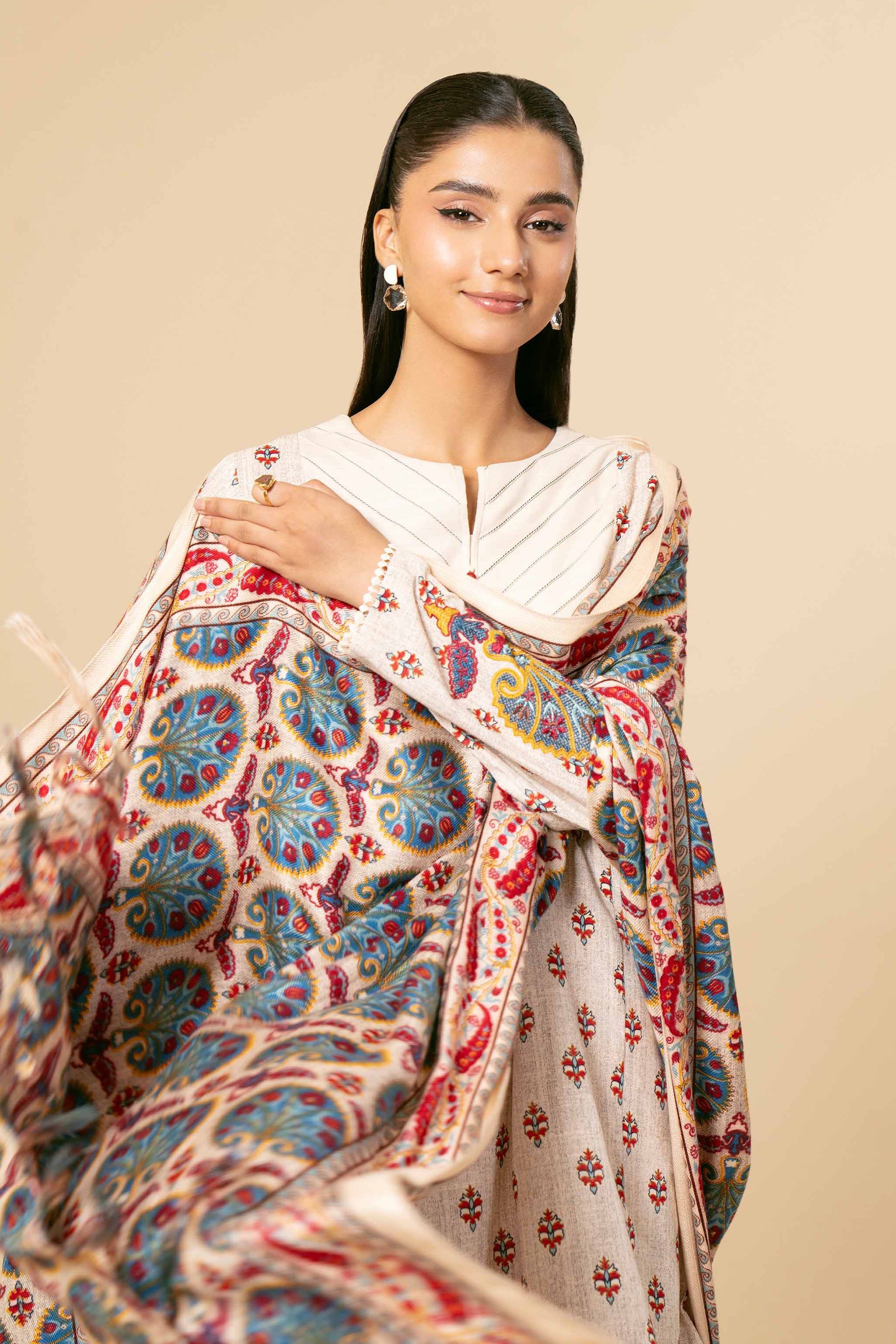 NishatUK - Beige Embroidered  Khaddar 3-piece unstitched Suit