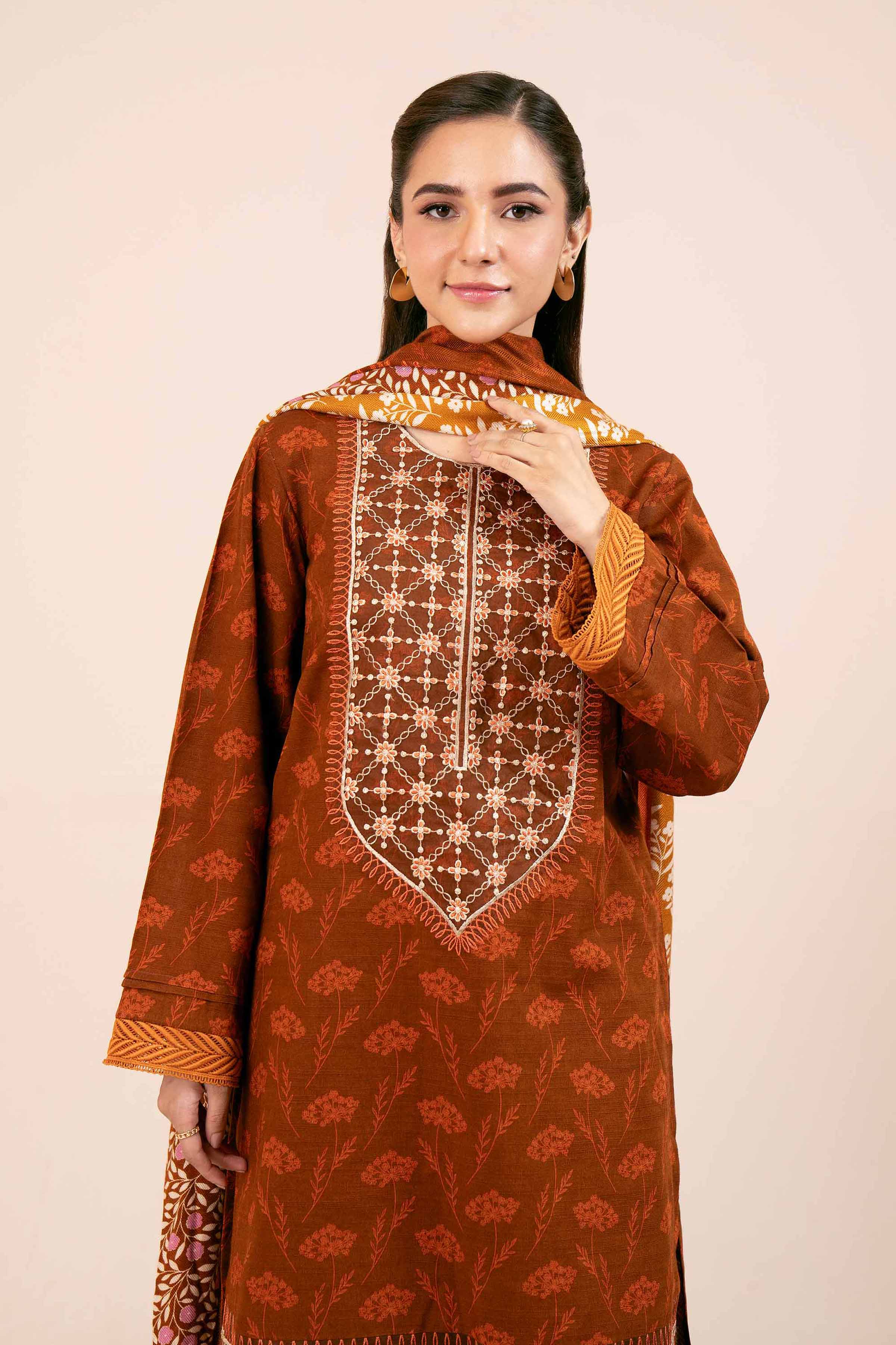 NishatUK - Rust Orange Embroidered  Khaddar 3-piece unstitched Suit