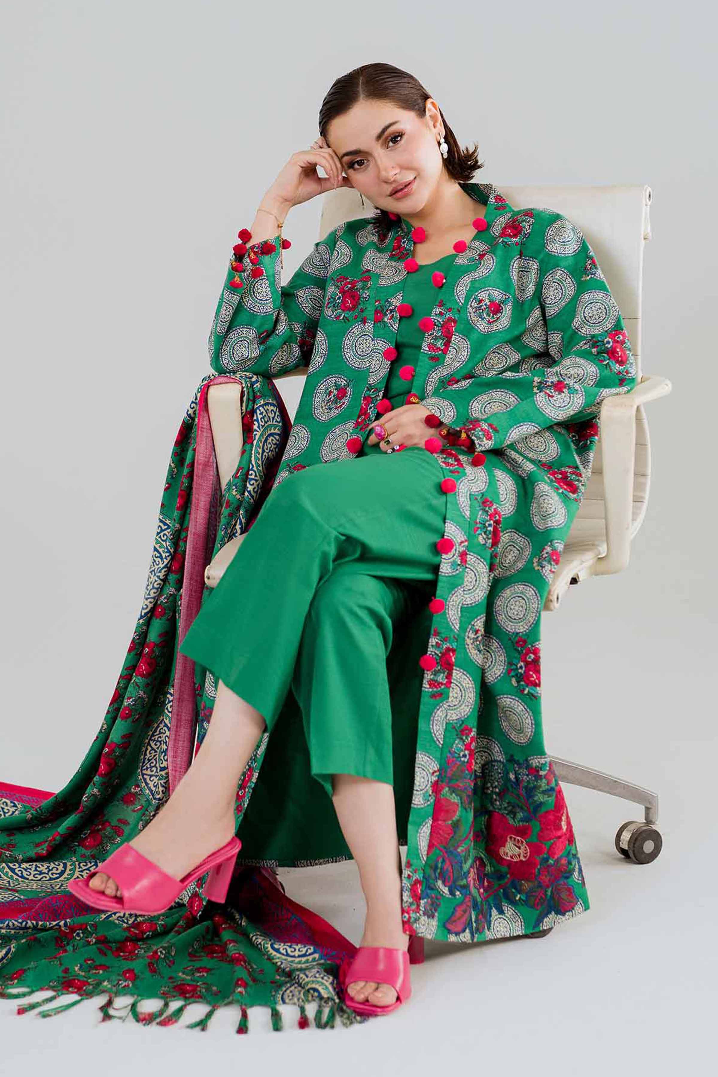 NishatUK - Green Embroidered  Khaddar 3-piece unstitched Suit
