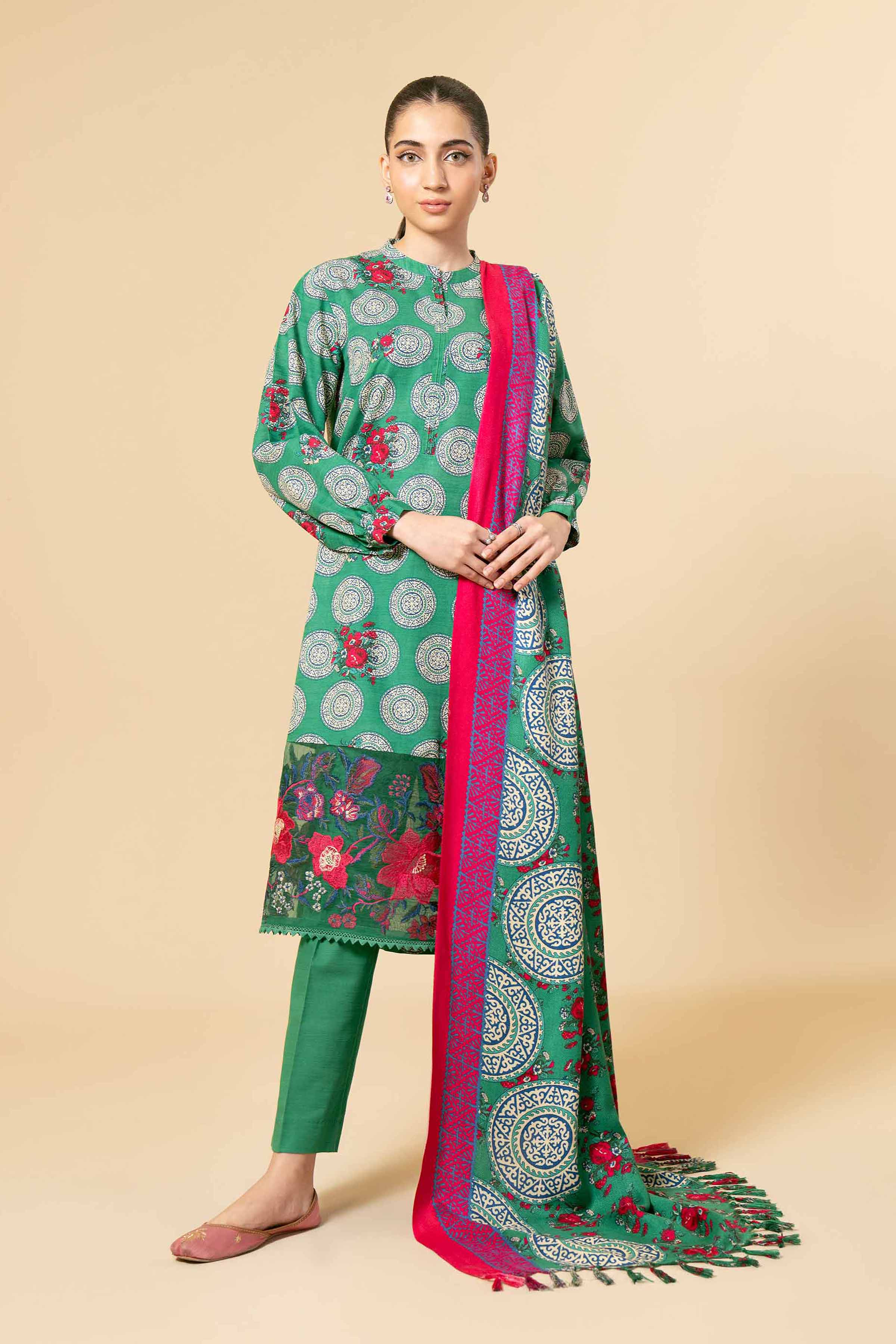NishatUK - Green Embroidered  Khaddar 3-piece unstitched Suit