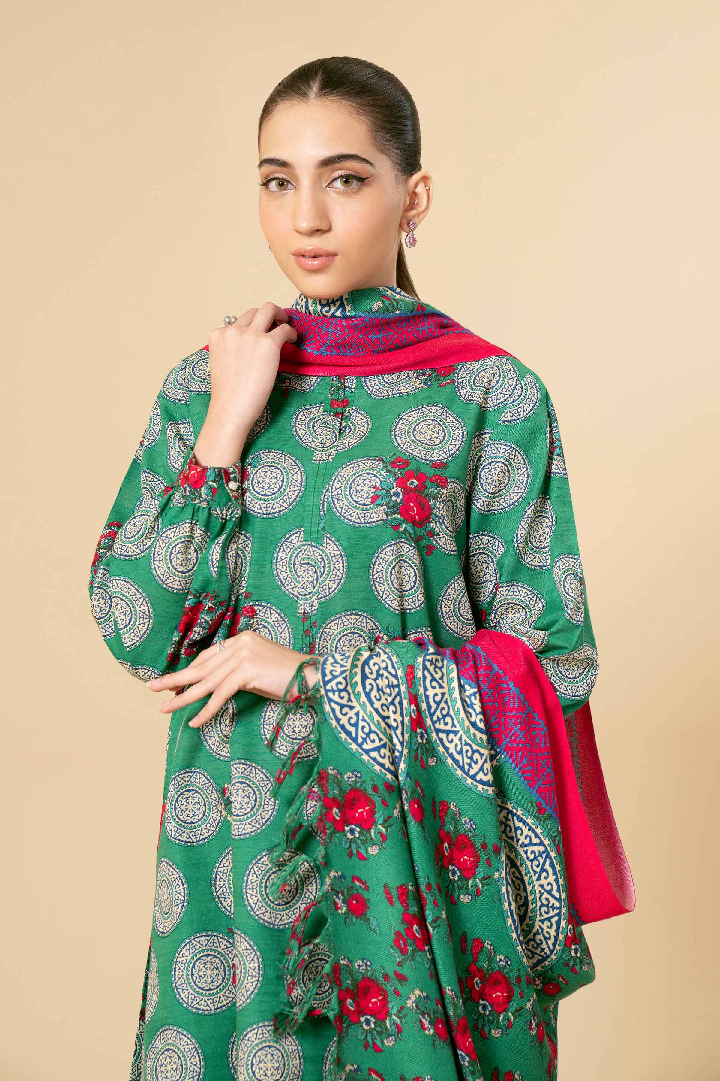 NishatUK - Green Embroidered  Khaddar 3-piece unstitched Suit