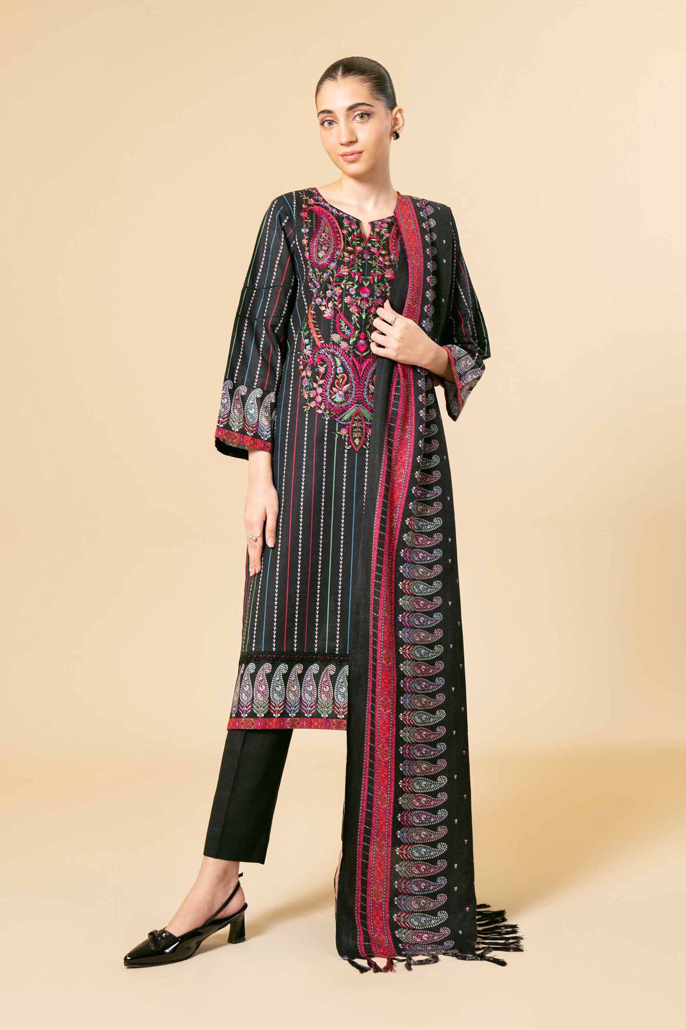 NishatUK - Black Embroidered  Khaddar 3-piece unstitched Suit
