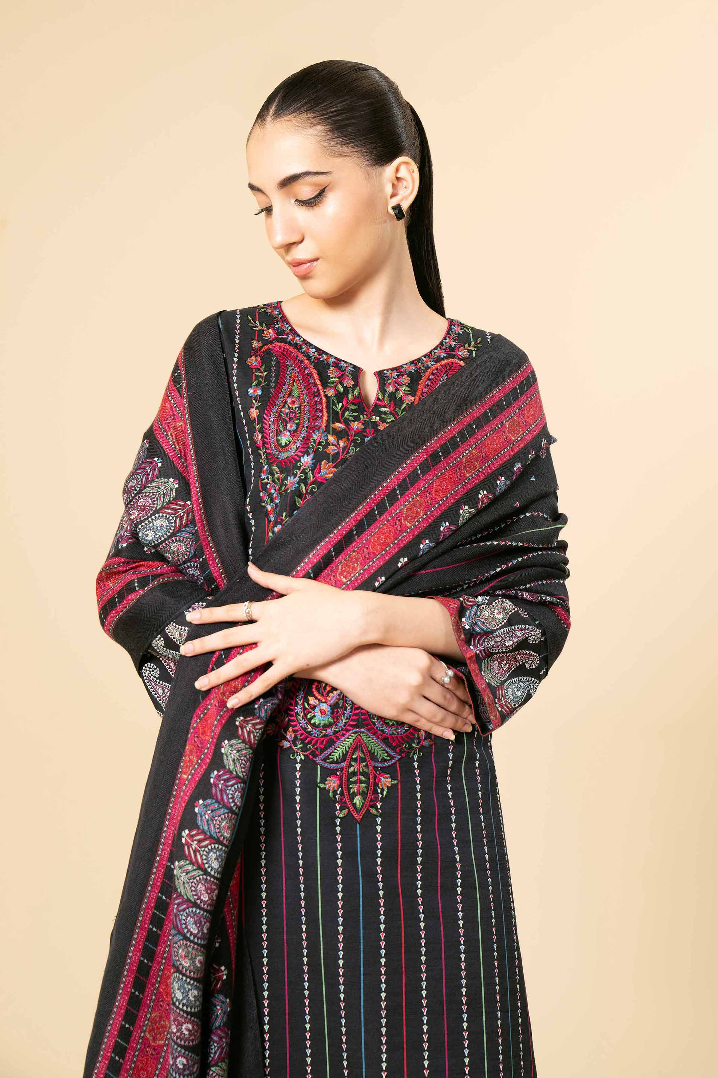 NishatUK - Black Embroidered  Khaddar 3-piece unstitched Suit