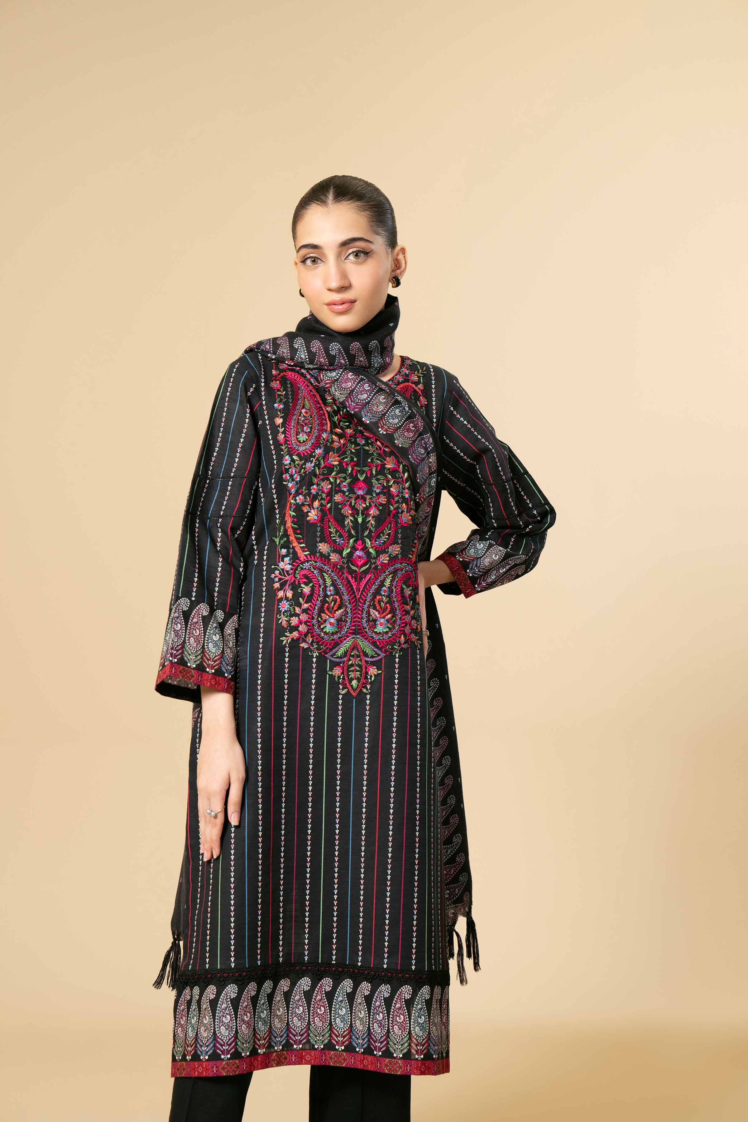 NishatUK - Black Embroidered  Khaddar 3-piece unstitched Suit
