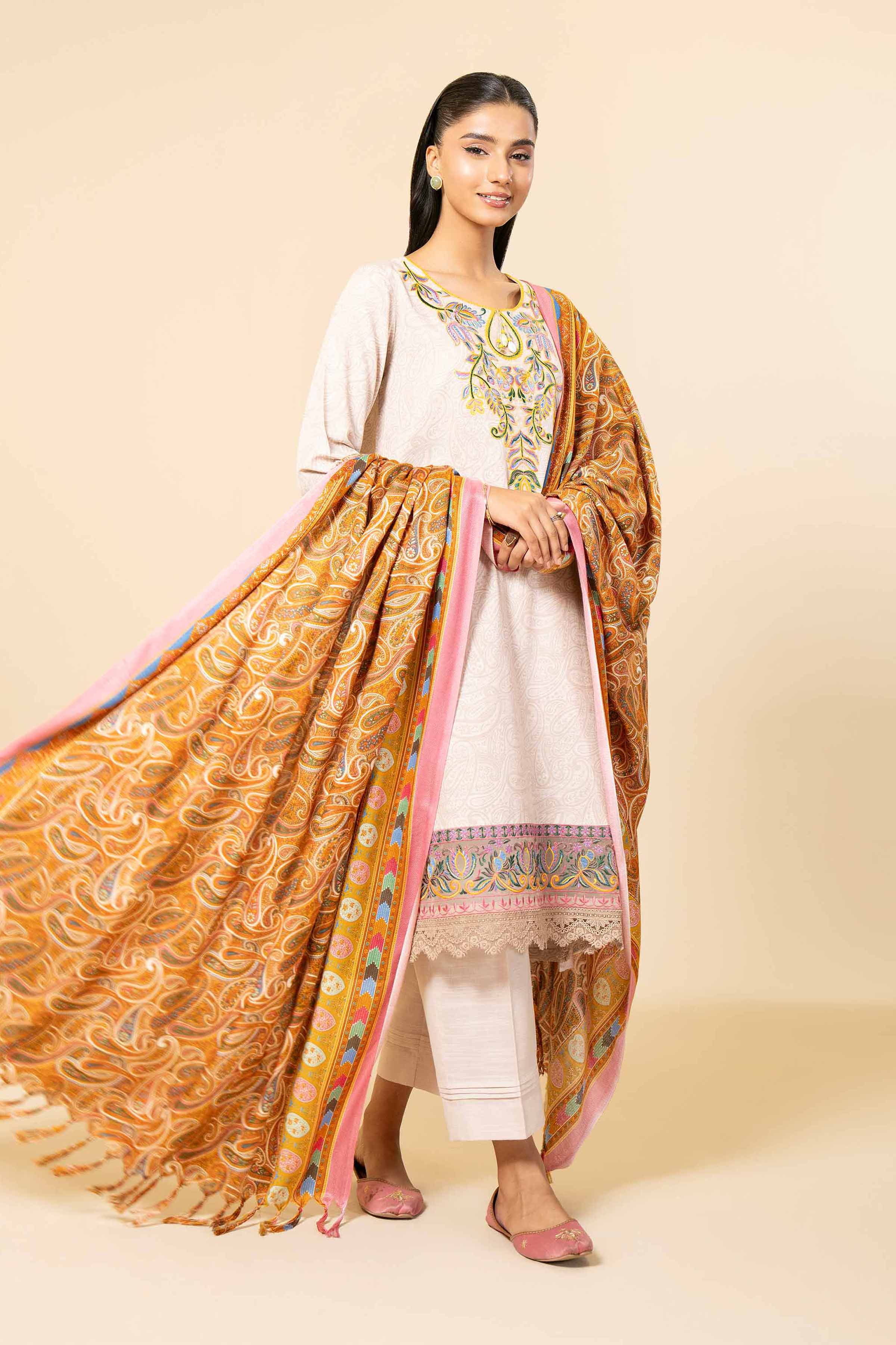 NishatUK - Orange & Beige Embroidered  Khaddar 3-piece unstitched Suit