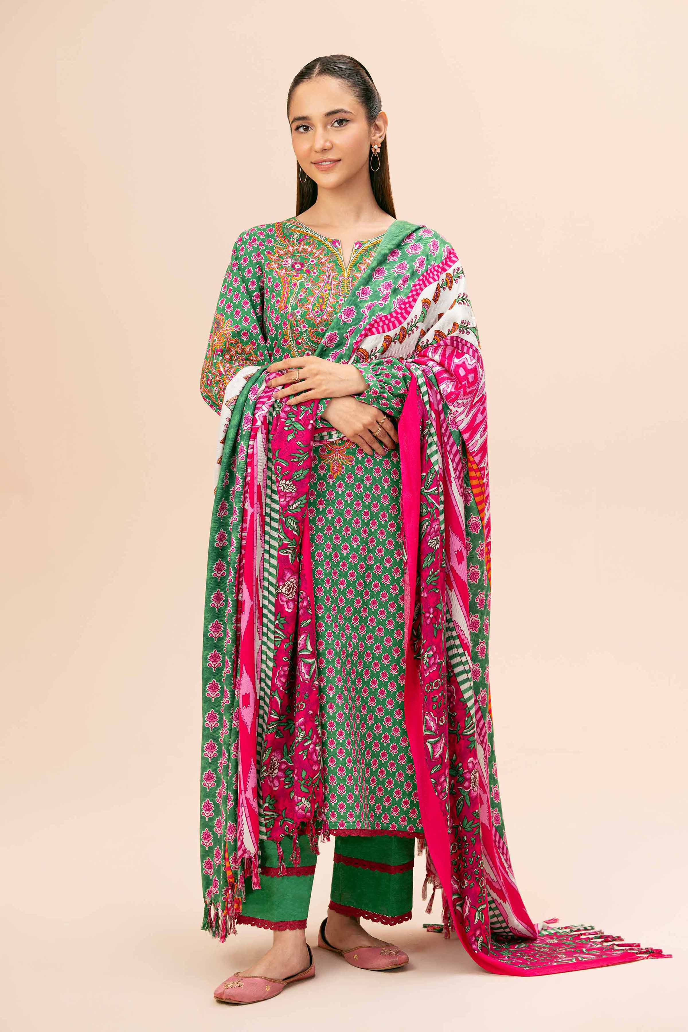 NishatUK - Green Embroidered  Khaddar 3-piece unstitched Suit
