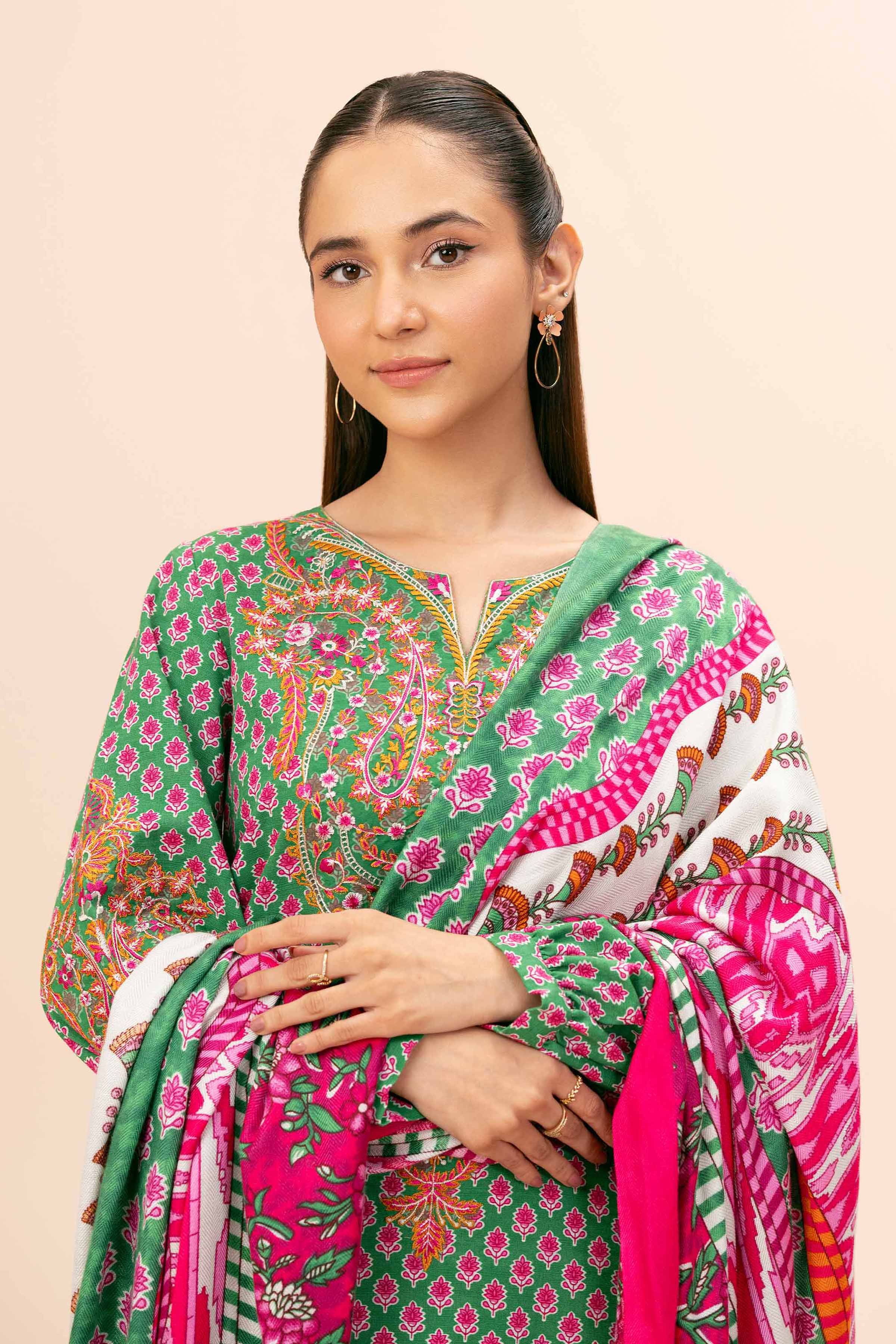 NishatUK - Green Embroidered  Khaddar 3-piece unstitched Suit