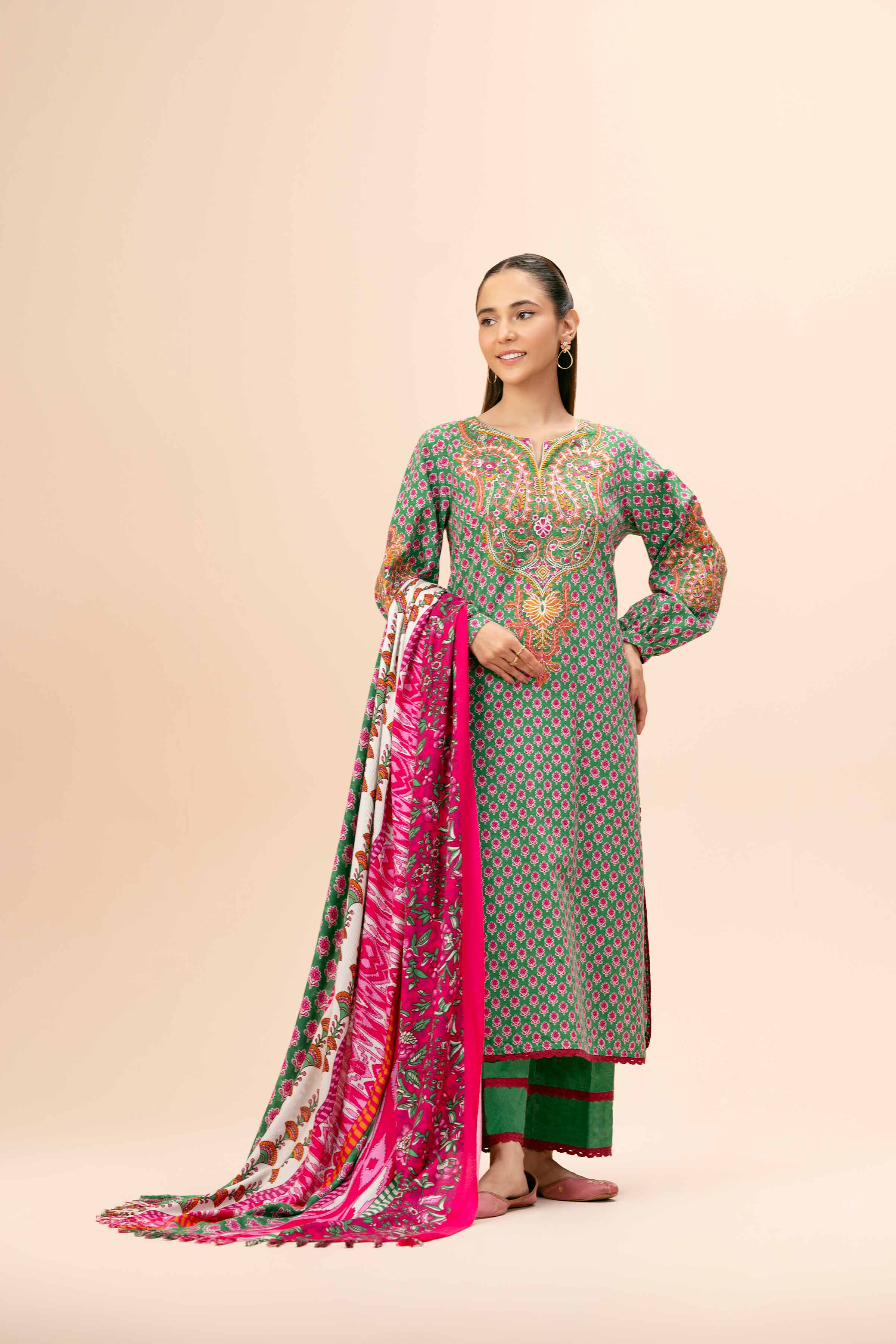 NishatUK - Green Embroidered  Khaddar 3-piece unstitched Suit