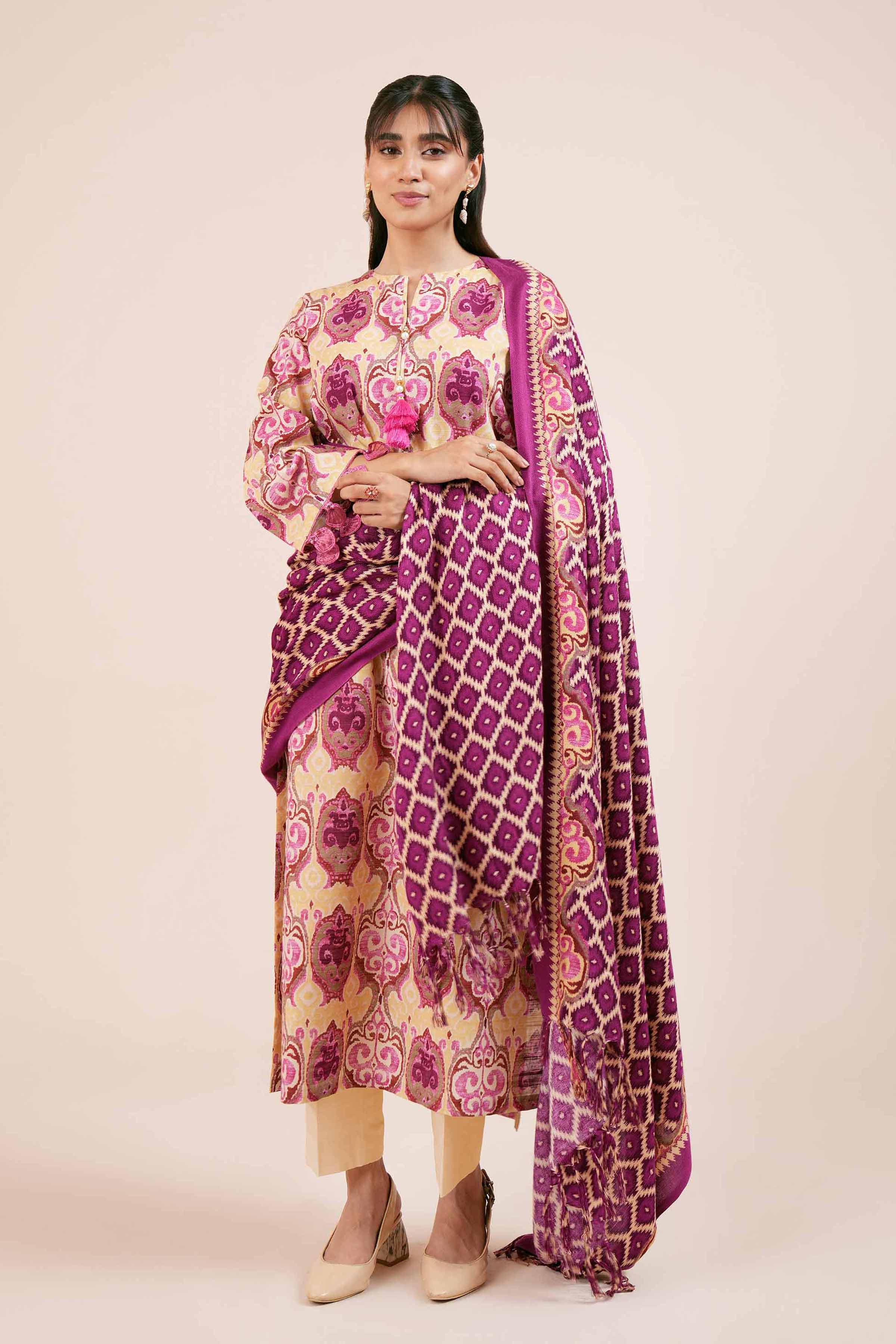 NishatUK - Magenta Printed Khaddar 3-piece unstitched Suit