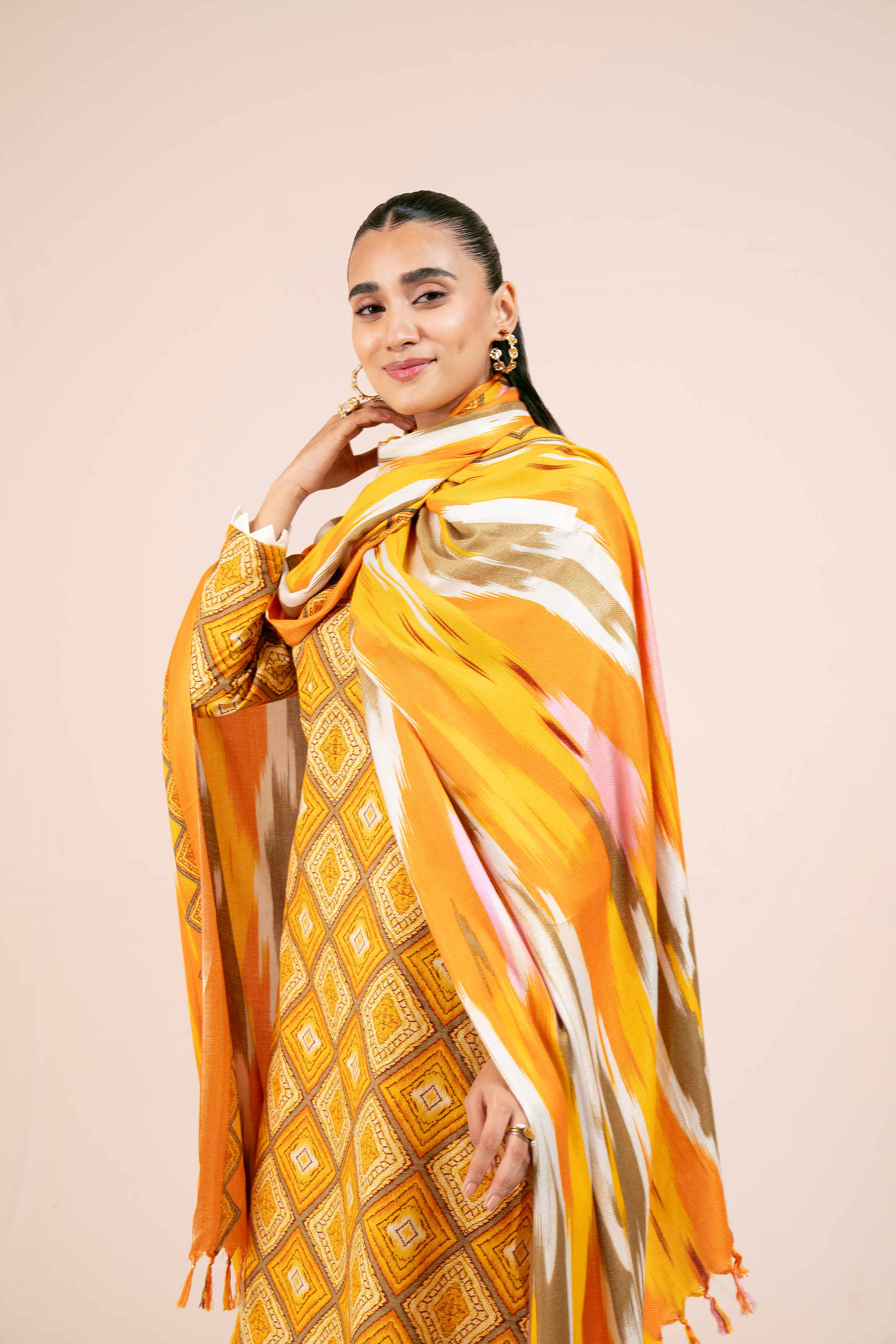 NishatUK - Orange Printed Khaddar 3-piece unstitched Suit