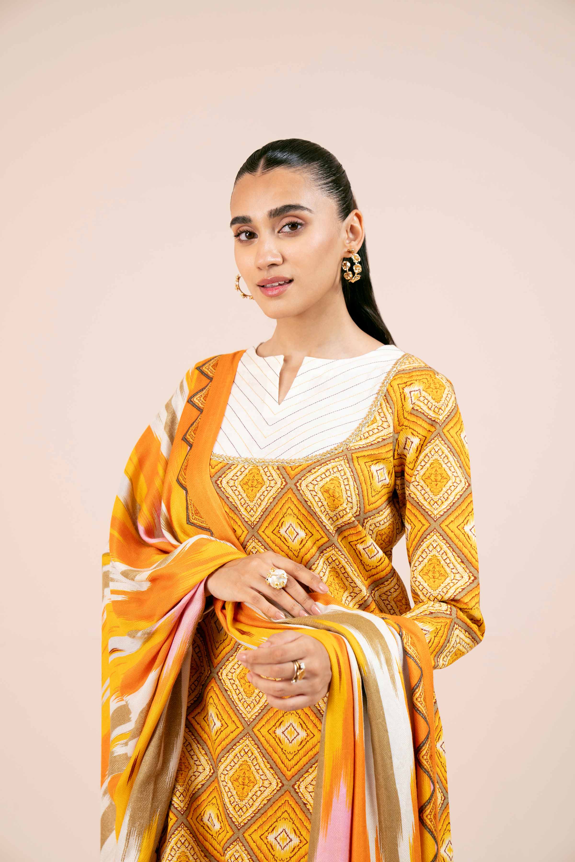 NishatUK - Orange Printed Khaddar 3-piece unstitched Suit