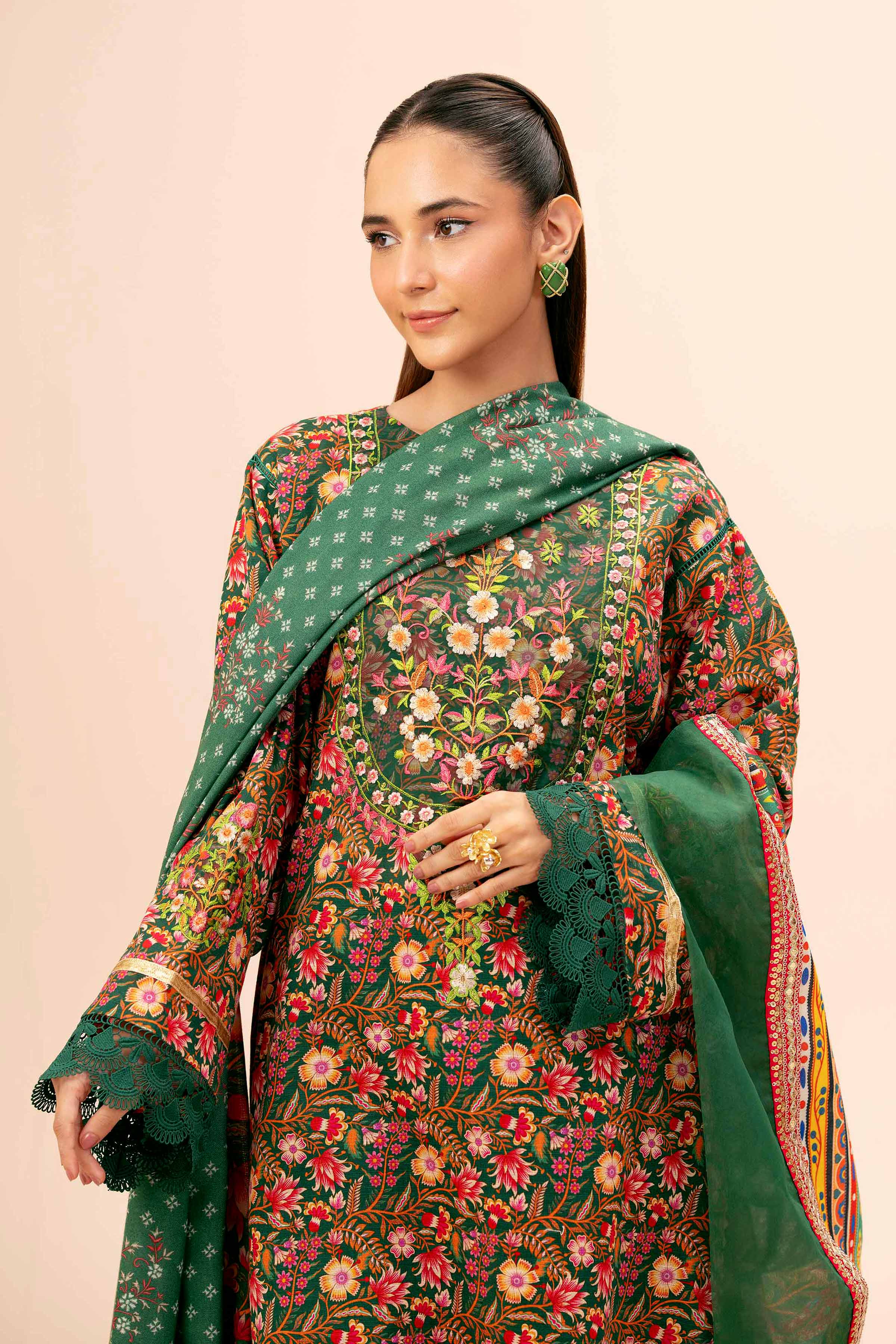 NishatUK - Green Embroidered  Khaddar 3-piece unstitched Suit