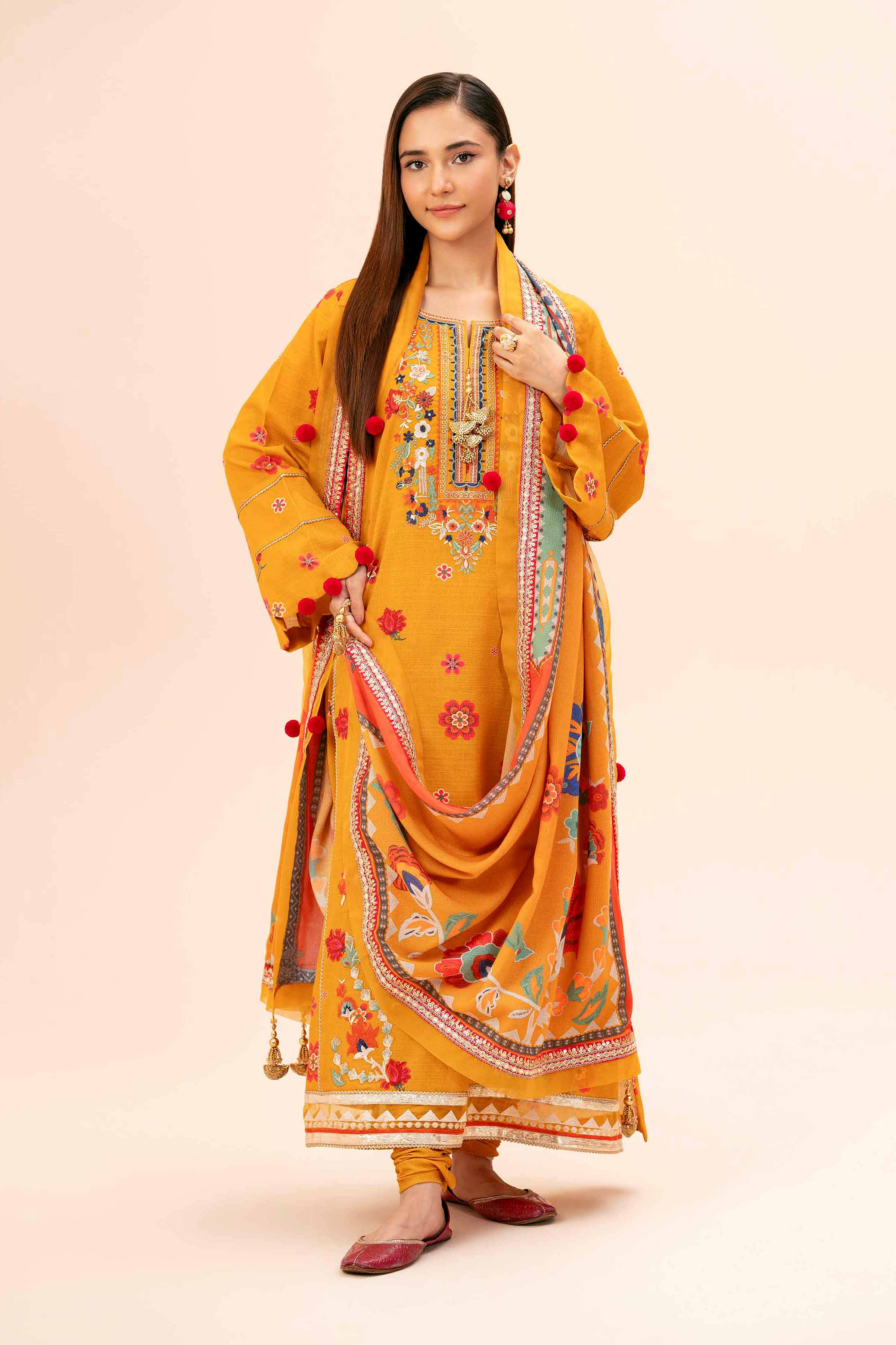 NishatUK - Mustard Embroidered  Khaddar 3-piece unstitched Suit