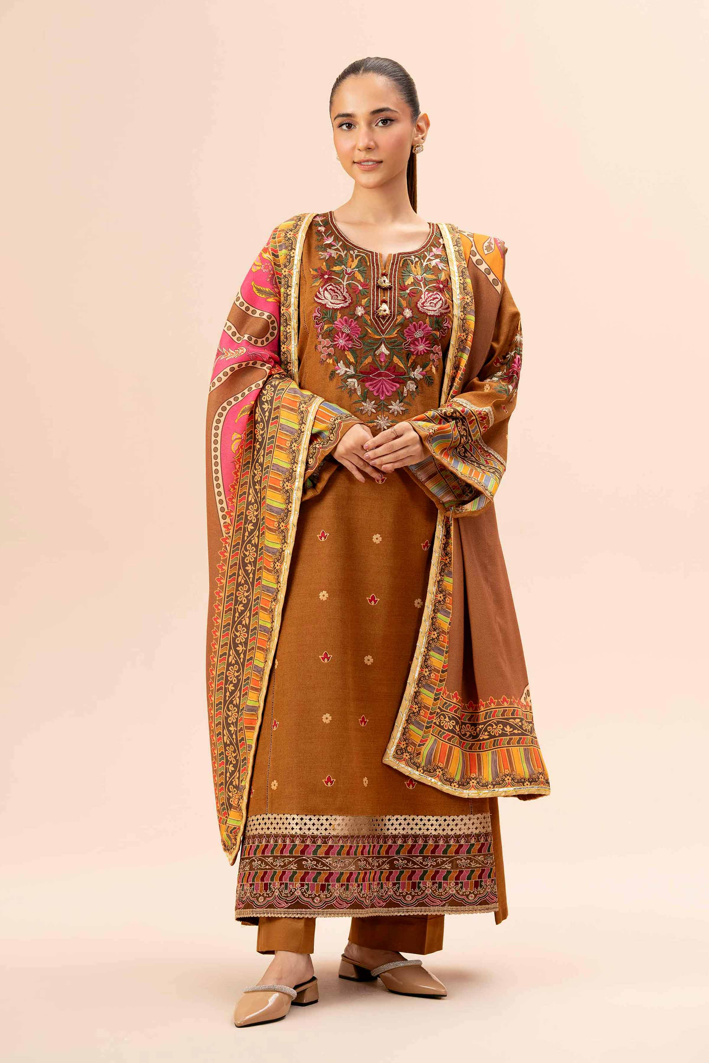 NishatUK - Brown Embroidered  Khaddar 3-piece unstitched Suit