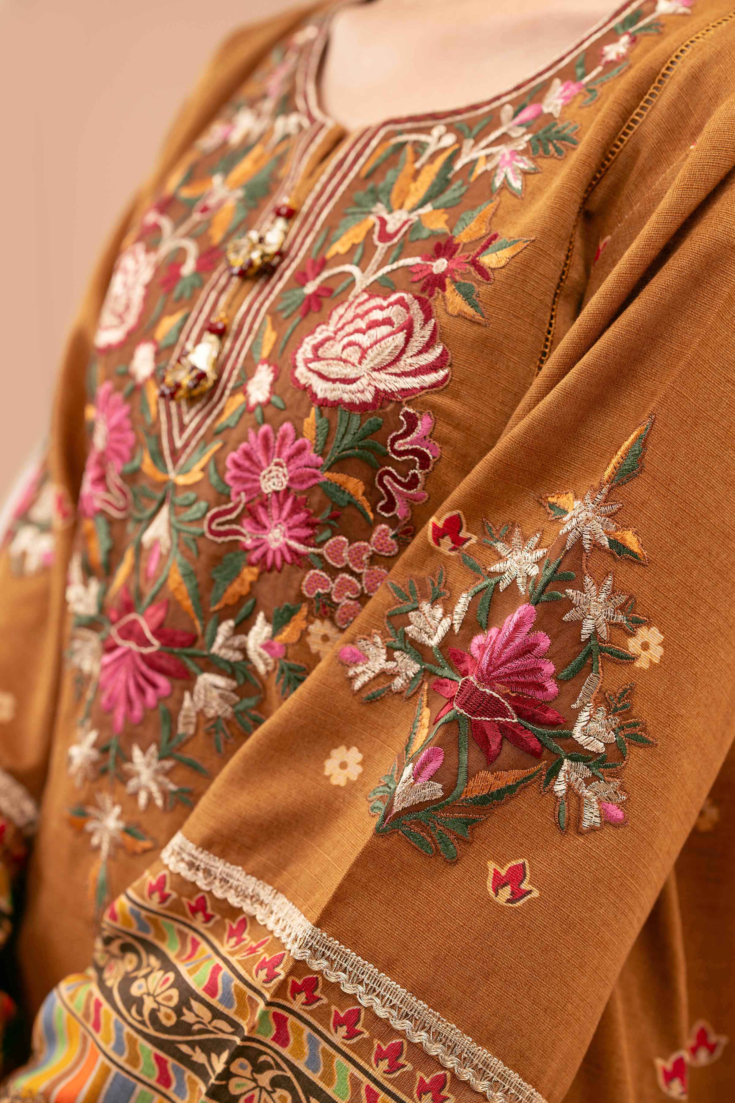 NishatUK - Brown Embroidered  Khaddar 3-piece unstitched Suit