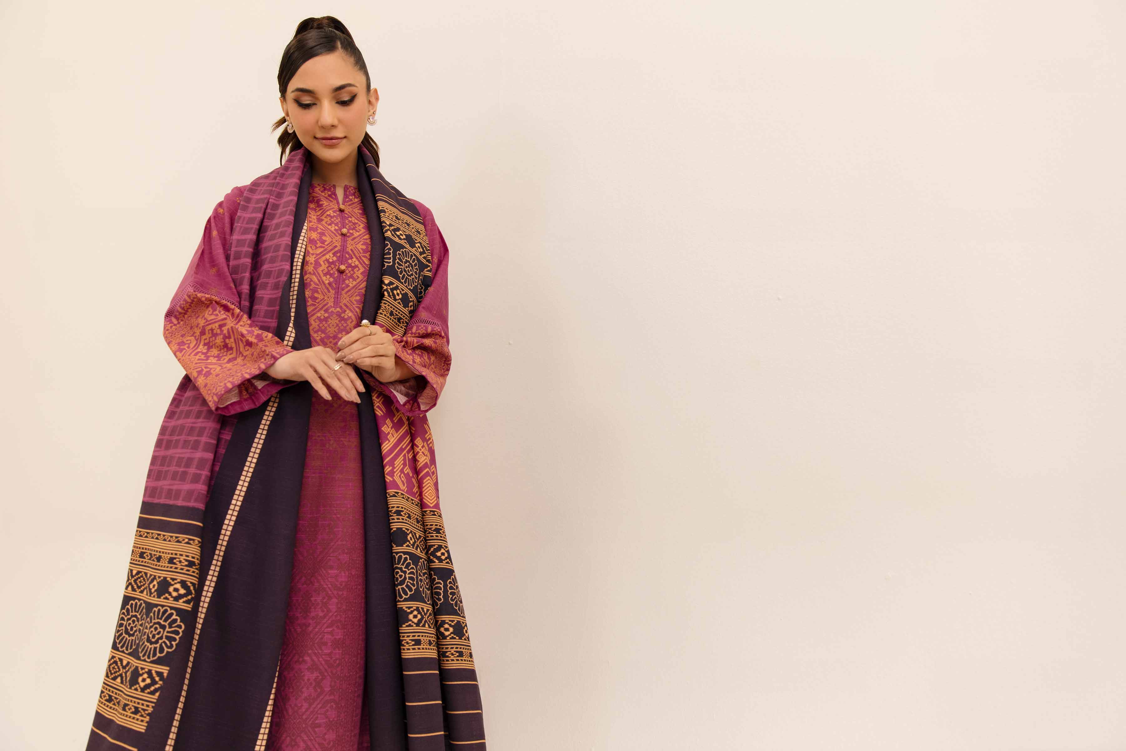 NishatUK - Magenta Printed Cotton 3-piece unstitched Suit