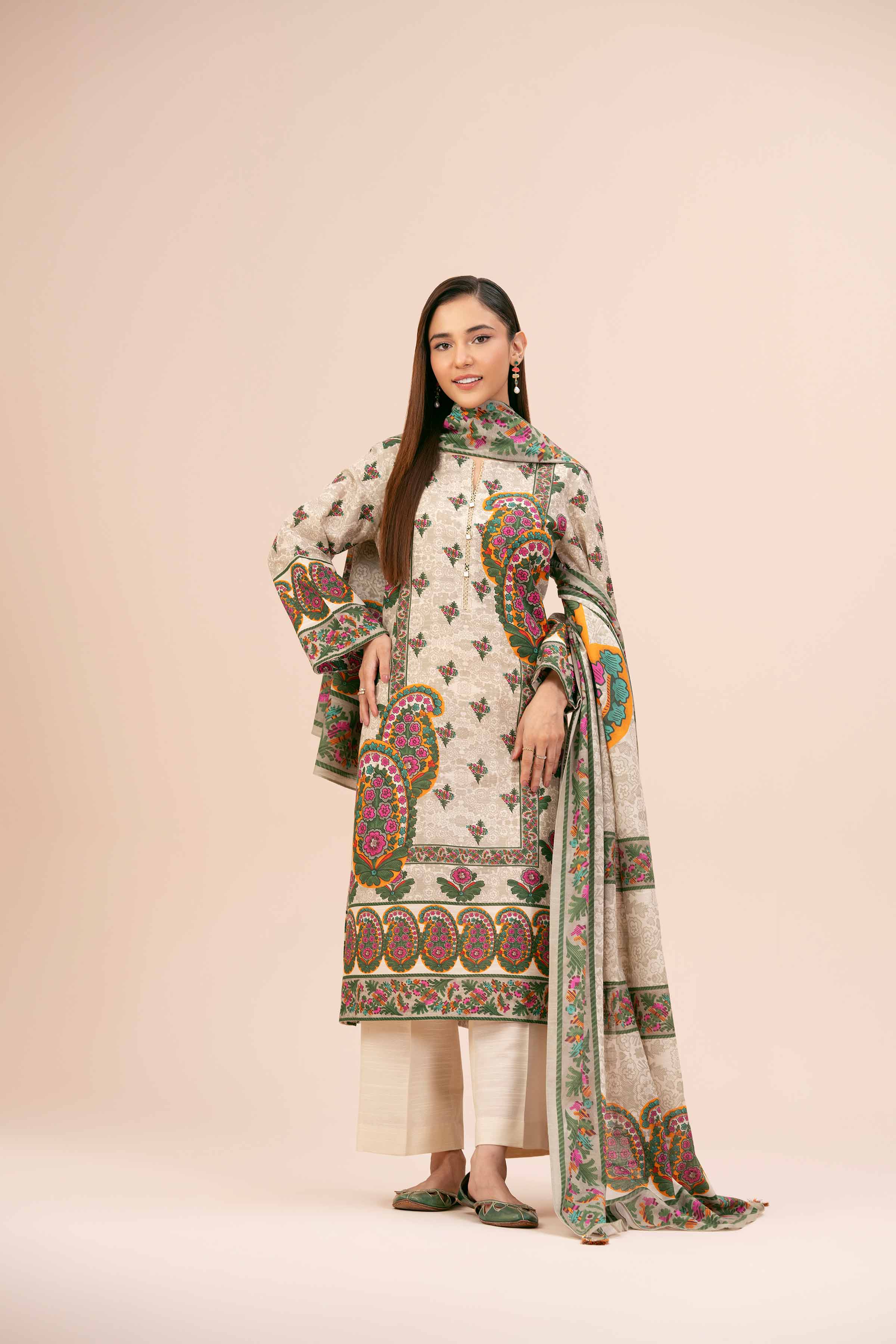 NishatUK - Beige Printed Cotton 3-piece unstitched Suit