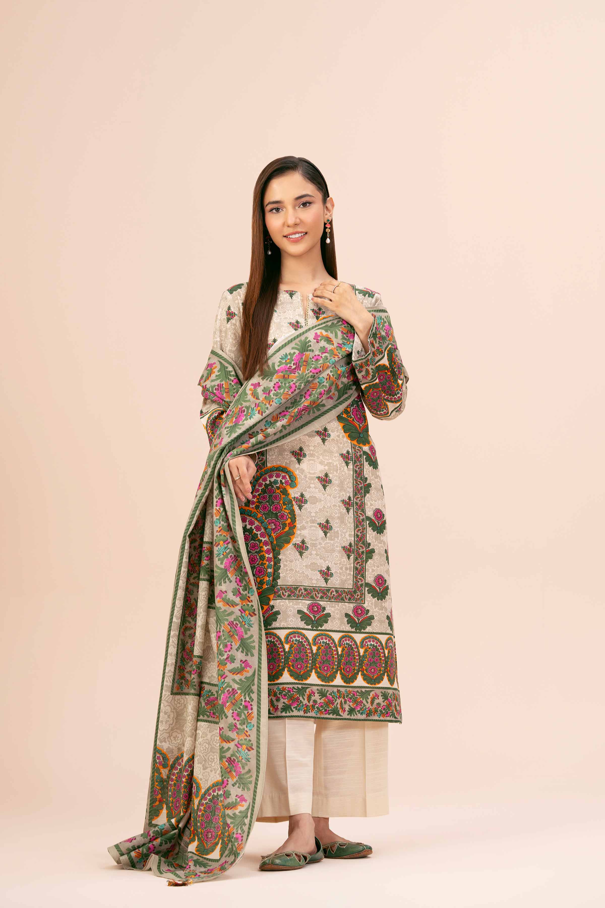 NishatUK - Beige Printed Cotton 3-piece unstitched Suit