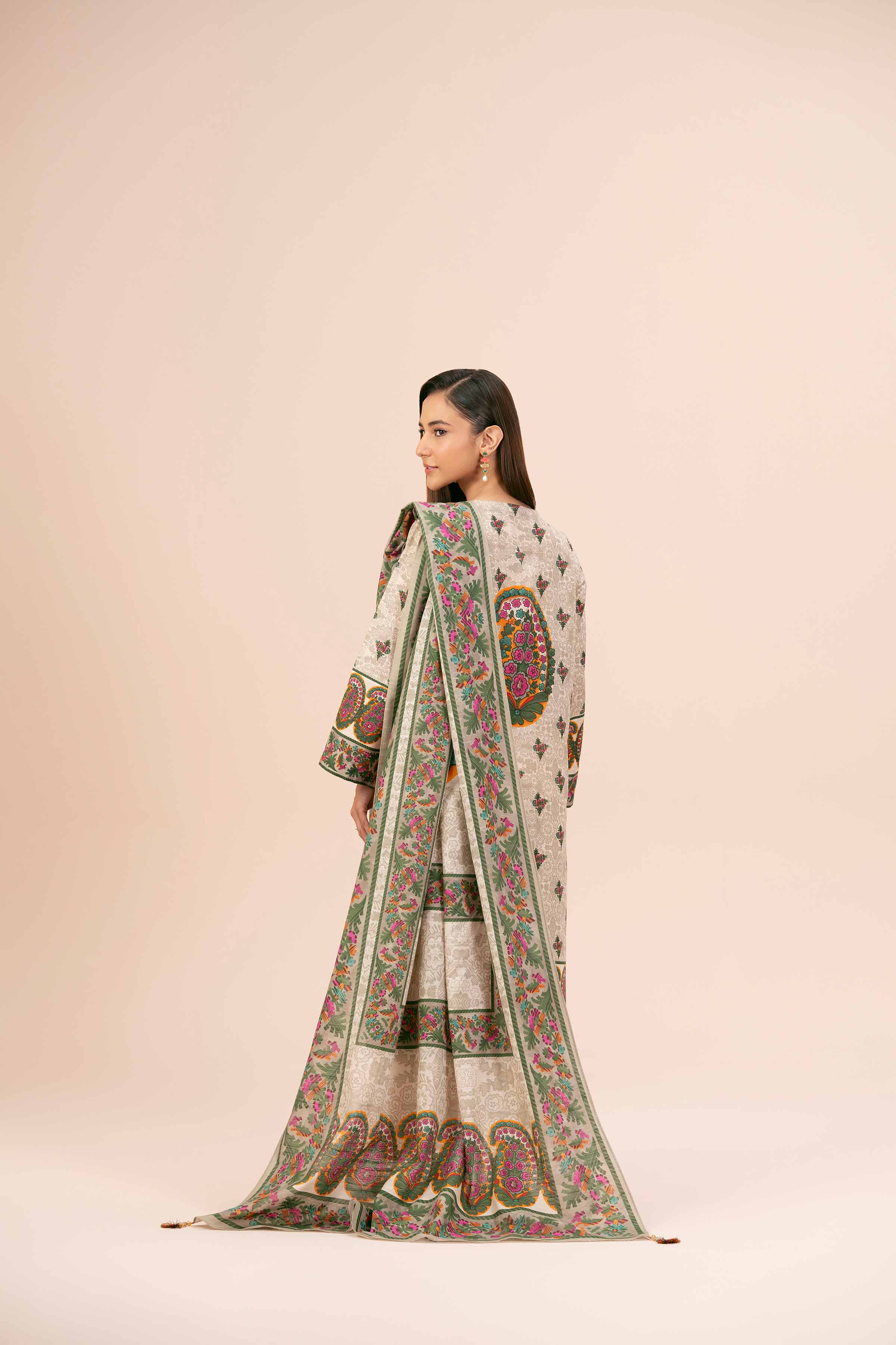 NishatUK - Beige Printed Cotton 3-piece unstitched Suit