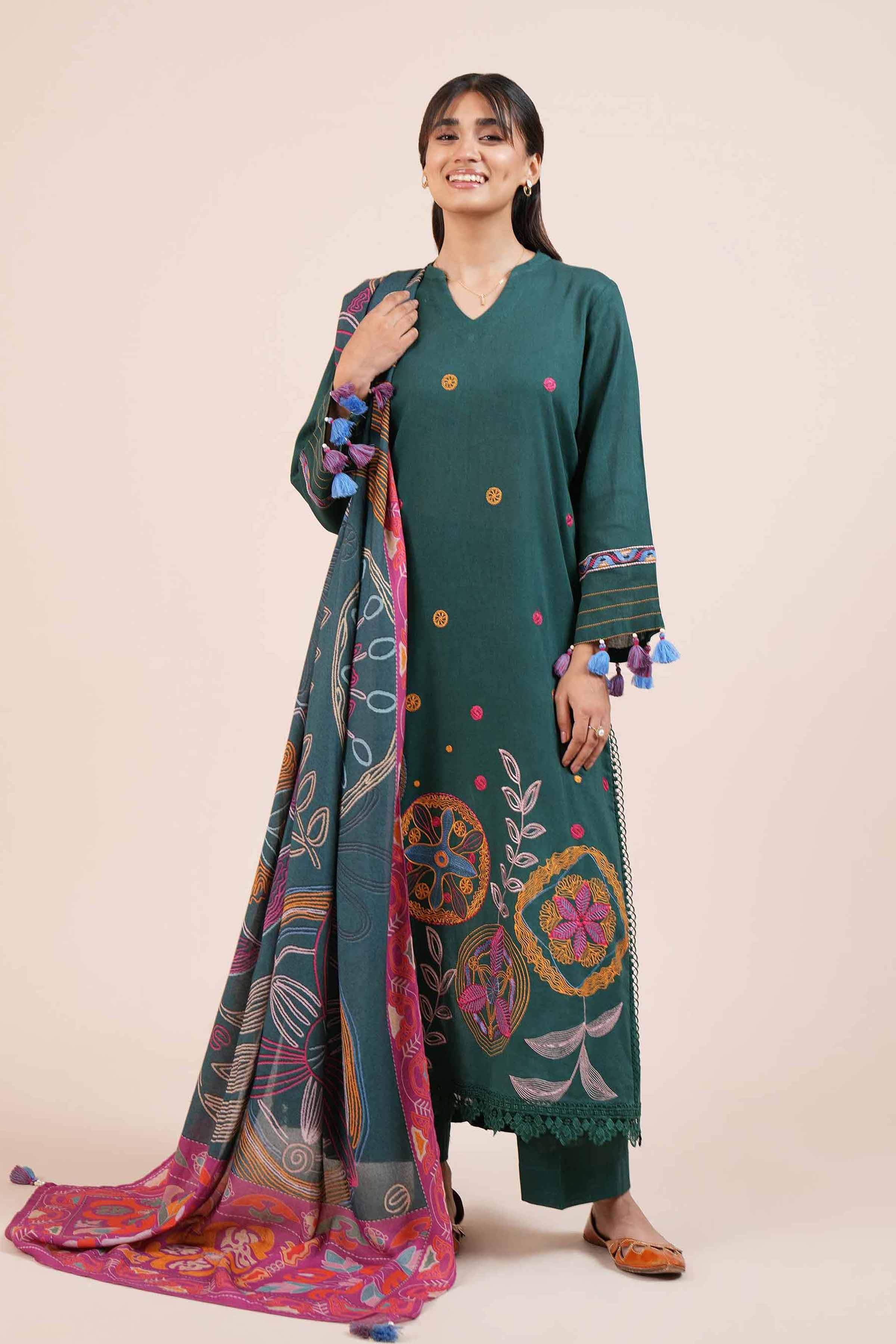 NishatUK - Green Embroidered  Cotton 3-piece unstitched Suit