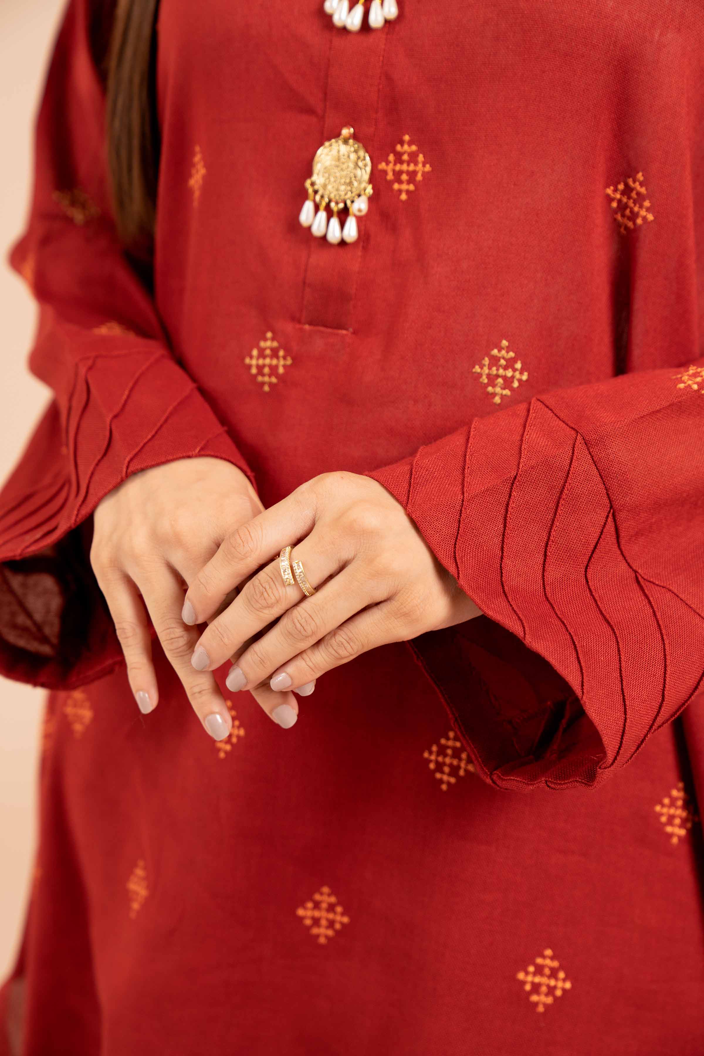 NishatUK - Red Embroidered  Cotton 3-piece unstitched Suit