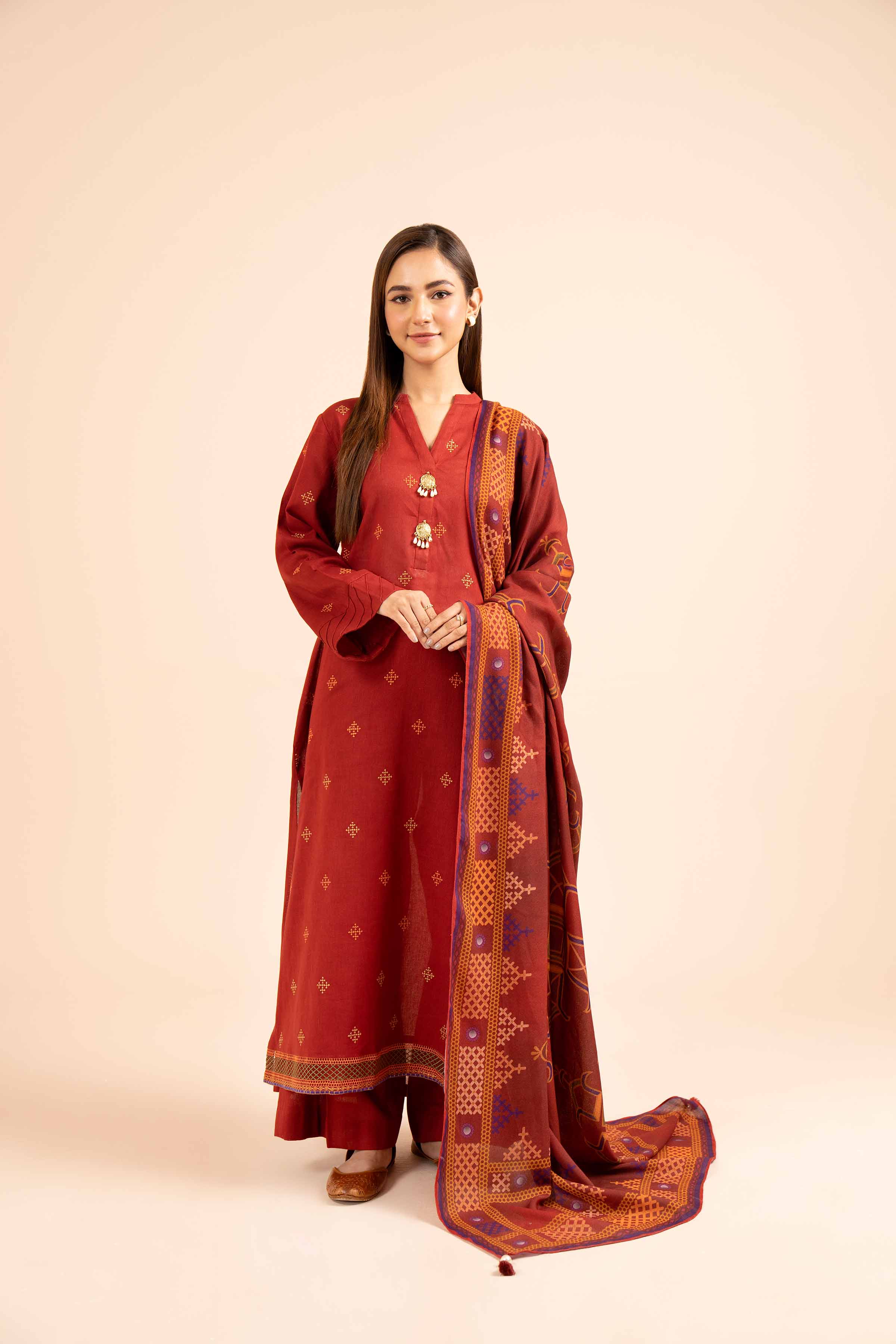 NishatUK - Red Embroidered  Cotton 3-piece unstitched Suit
