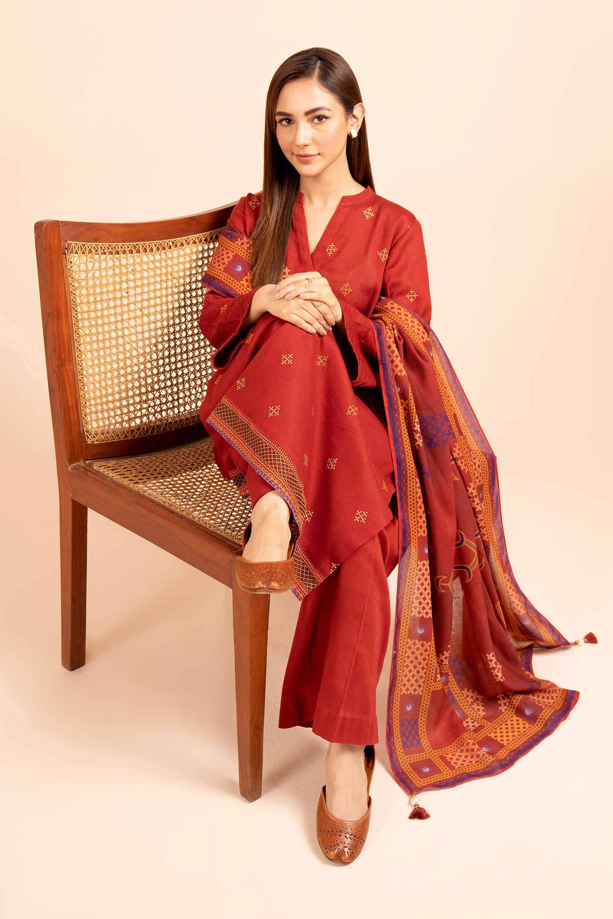 NishatUK - Red Embroidered  Cotton 3-piece unstitched Suit