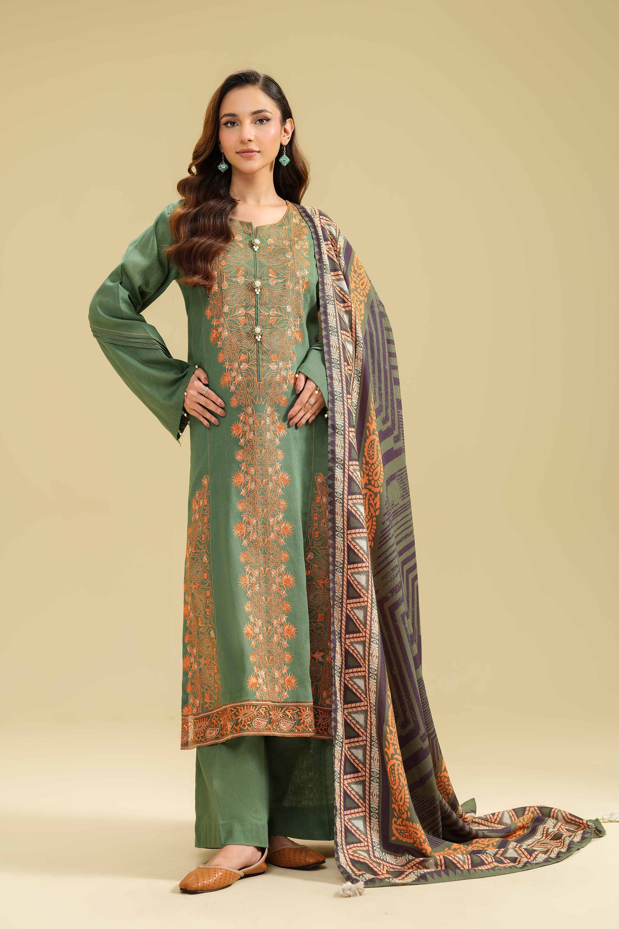 NishatUK - Green Embroidered  Cotton 3-piece unstitched Suit