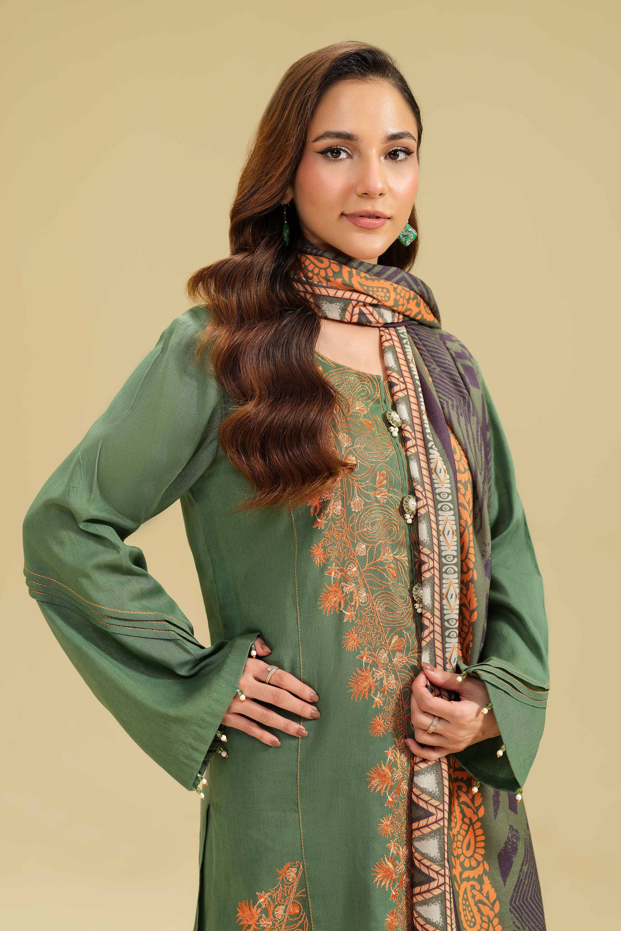 NishatUK - Green Embroidered  Cotton 3-piece unstitched Suit