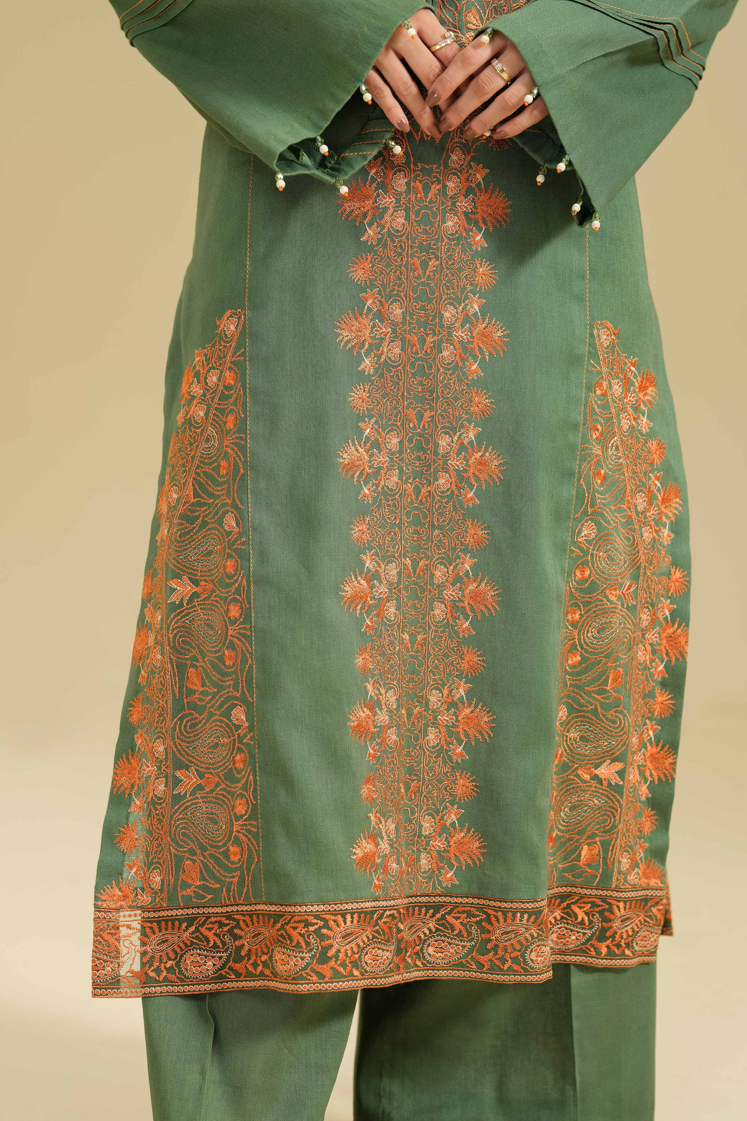 NishatUK - Green Embroidered  Cotton 3-piece unstitched Suit