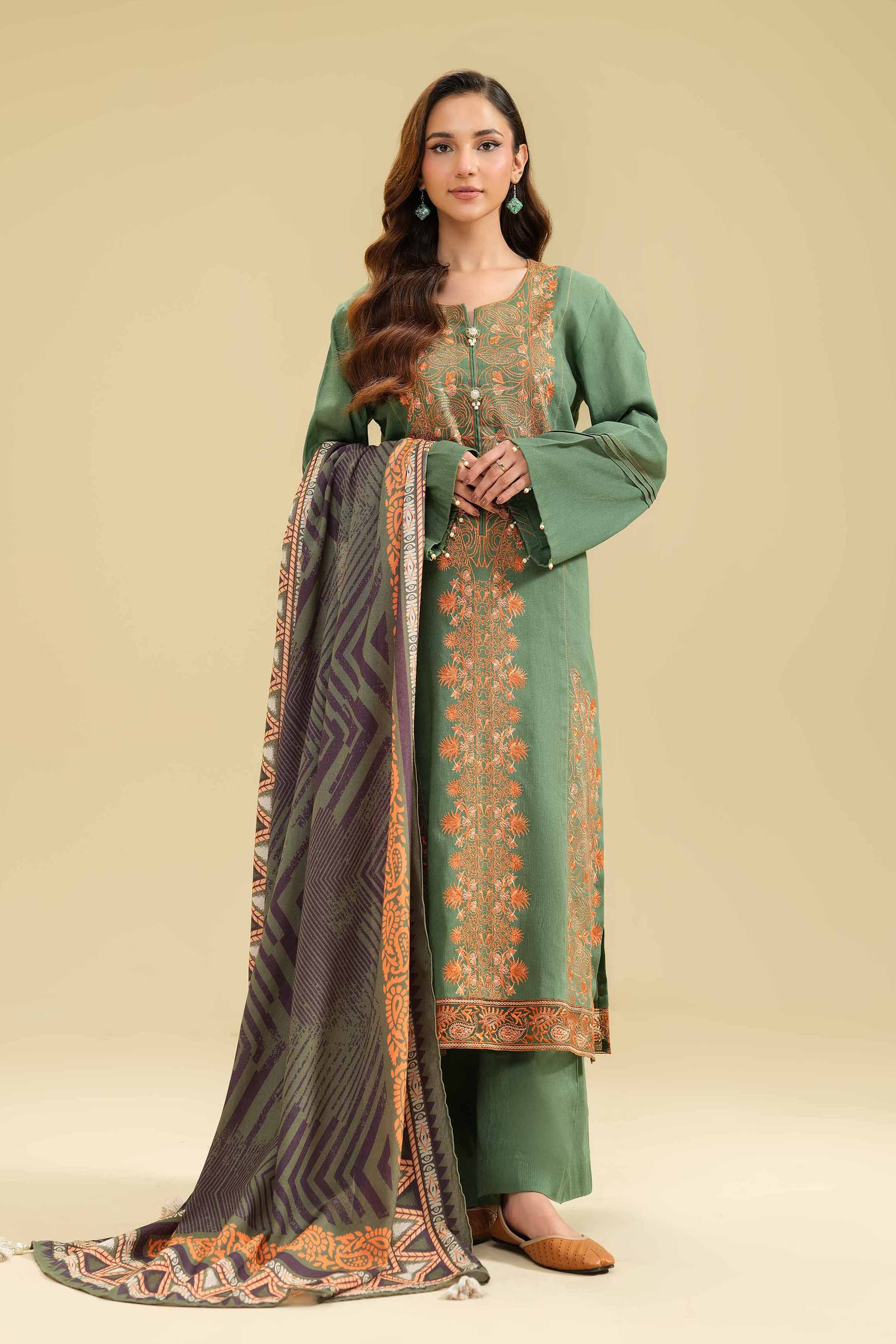 NishatUK - Green Embroidered  Cotton 3-piece unstitched Suit