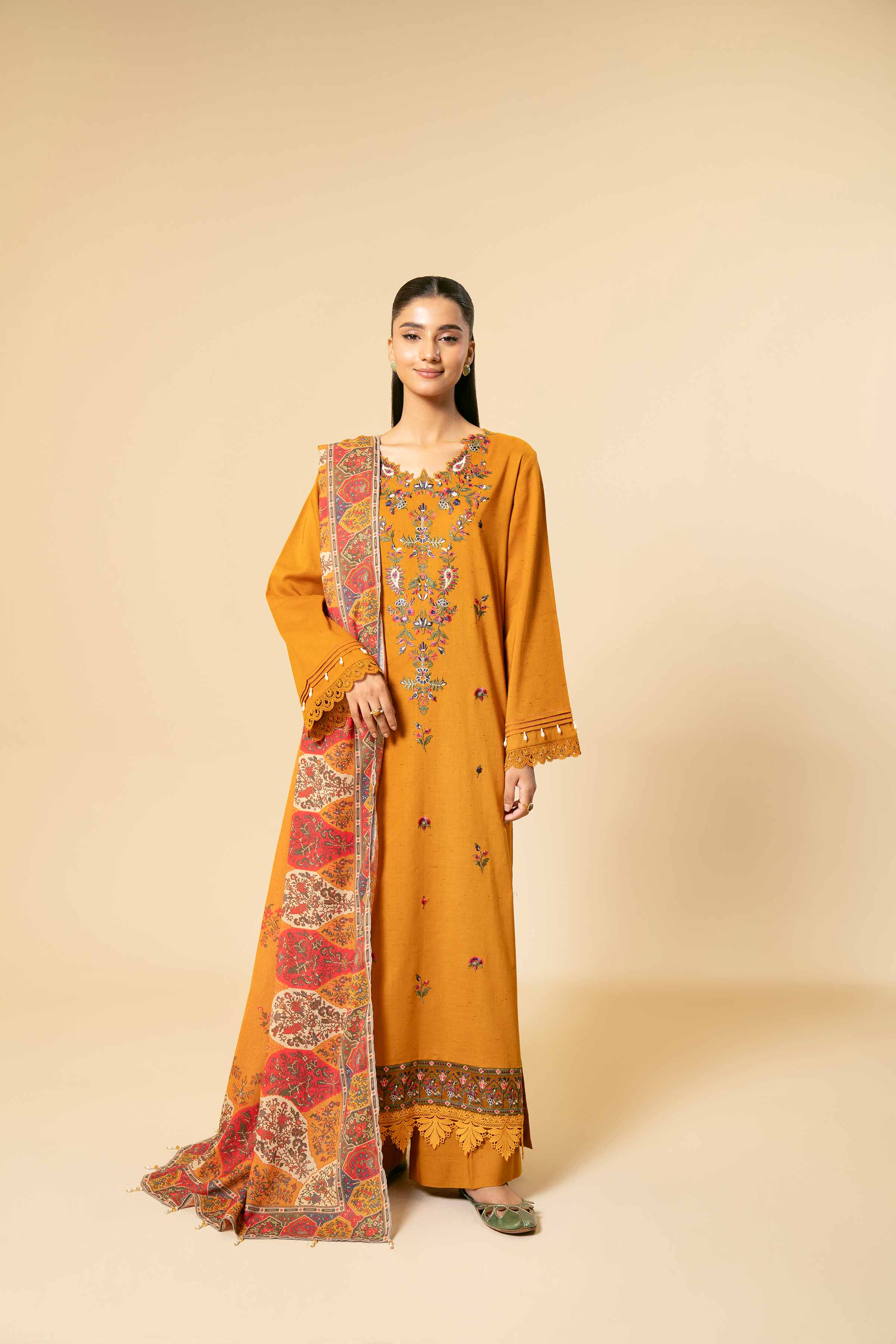 NishatUK - Orange Embroidered  Cotton 3-piece unstitched Suit