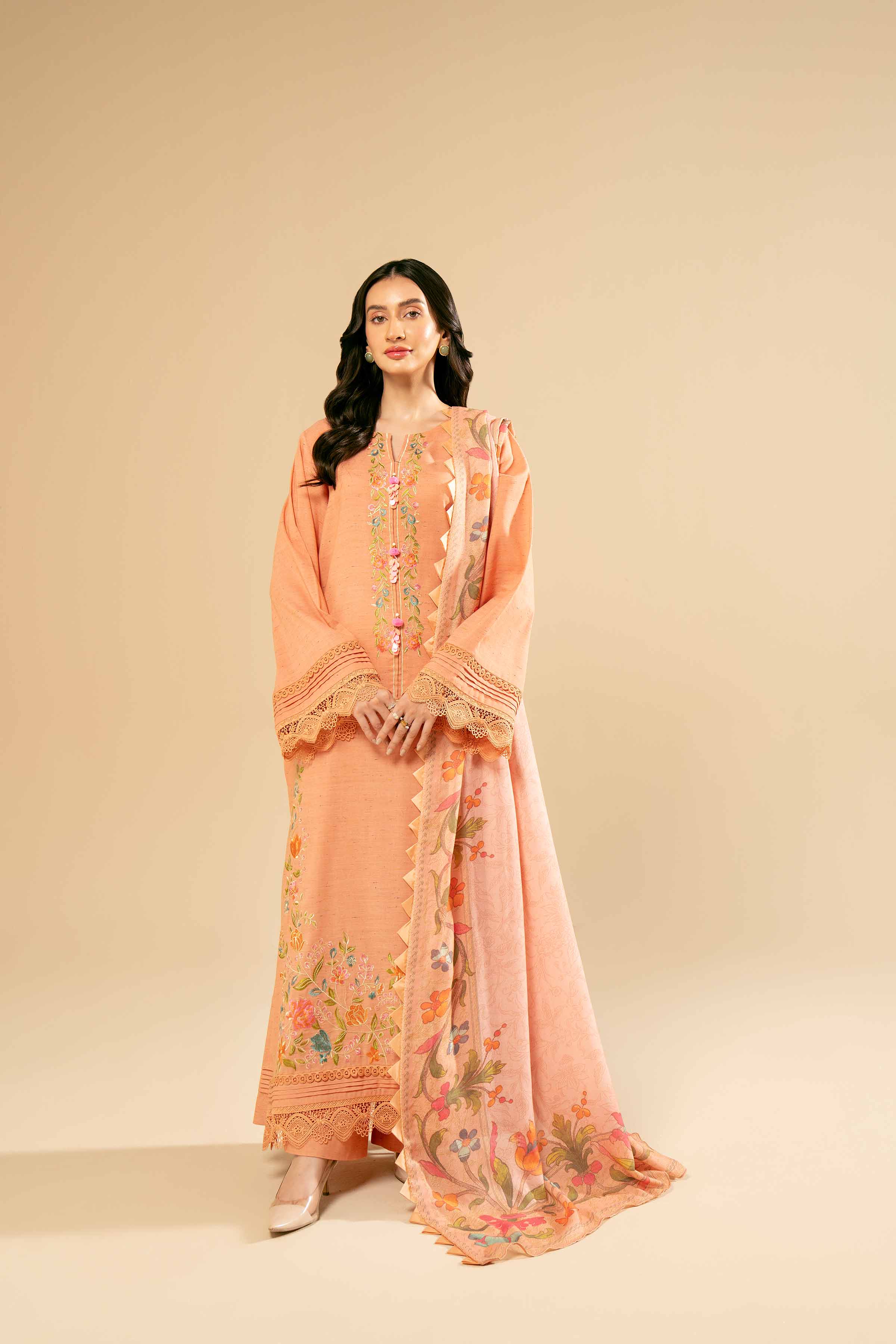 NishatUK - Peach Embroidered  Cotton 3-piece unstitched Suit