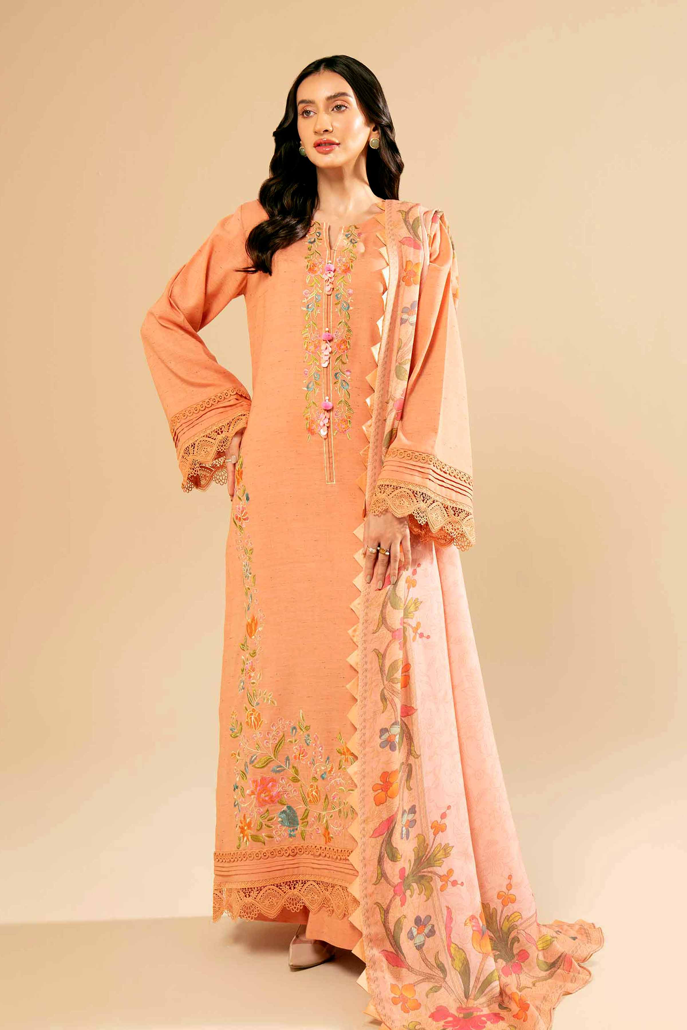 NishatUK - Peach Embroidered  Cotton 3-piece unstitched Suit