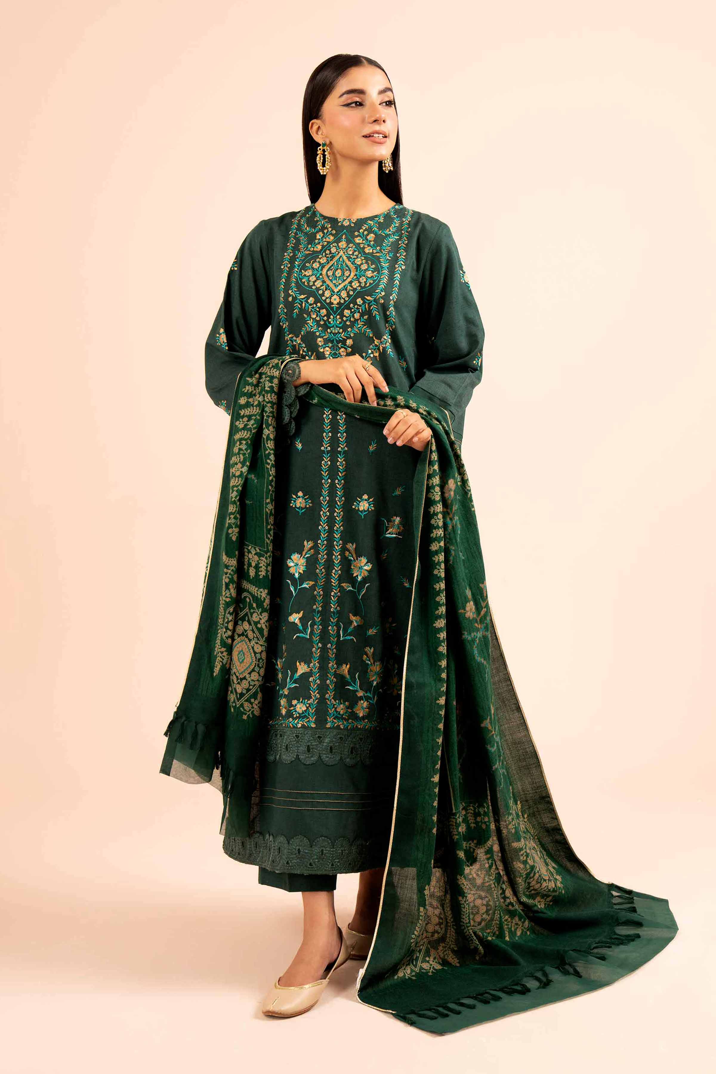 NishatUK - Green Embroidered  Karandi 3-piece unstitched Suit