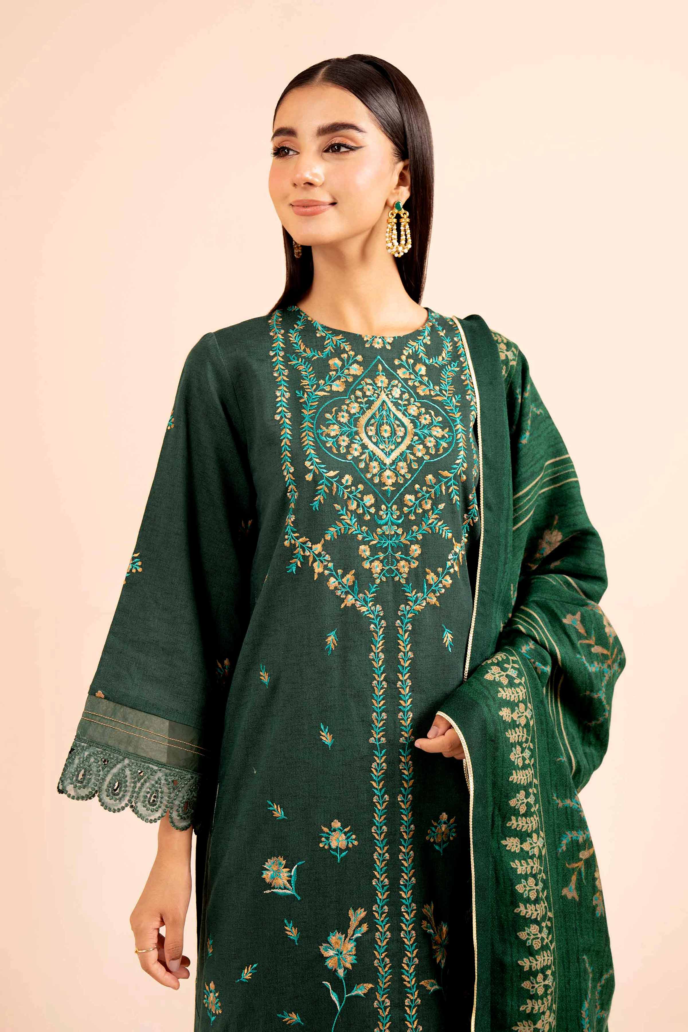 NishatUK - Green Embroidered  Karandi 3-piece unstitched Suit