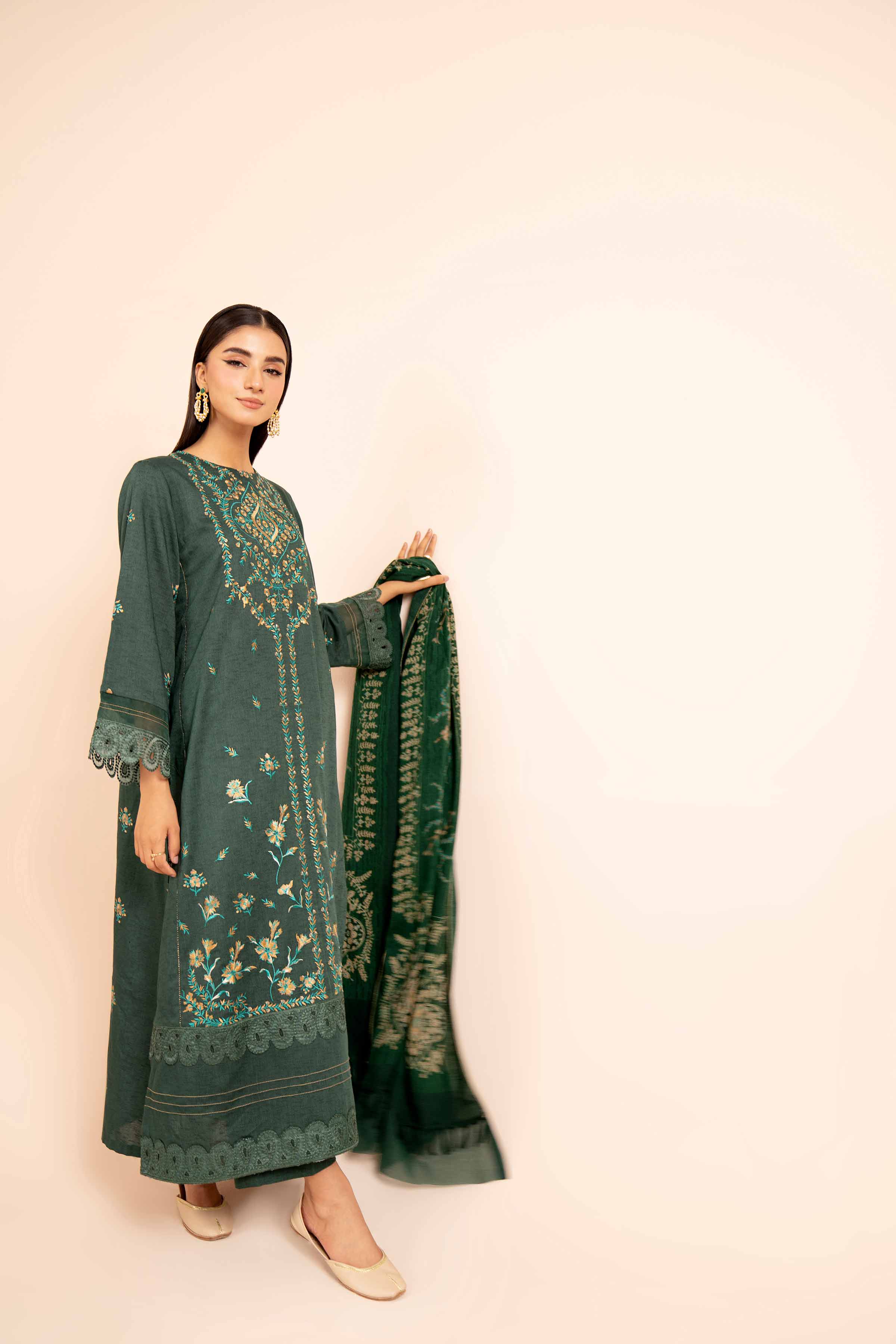 NishatUK - Green Embroidered  Karandi 3-piece unstitched Suit