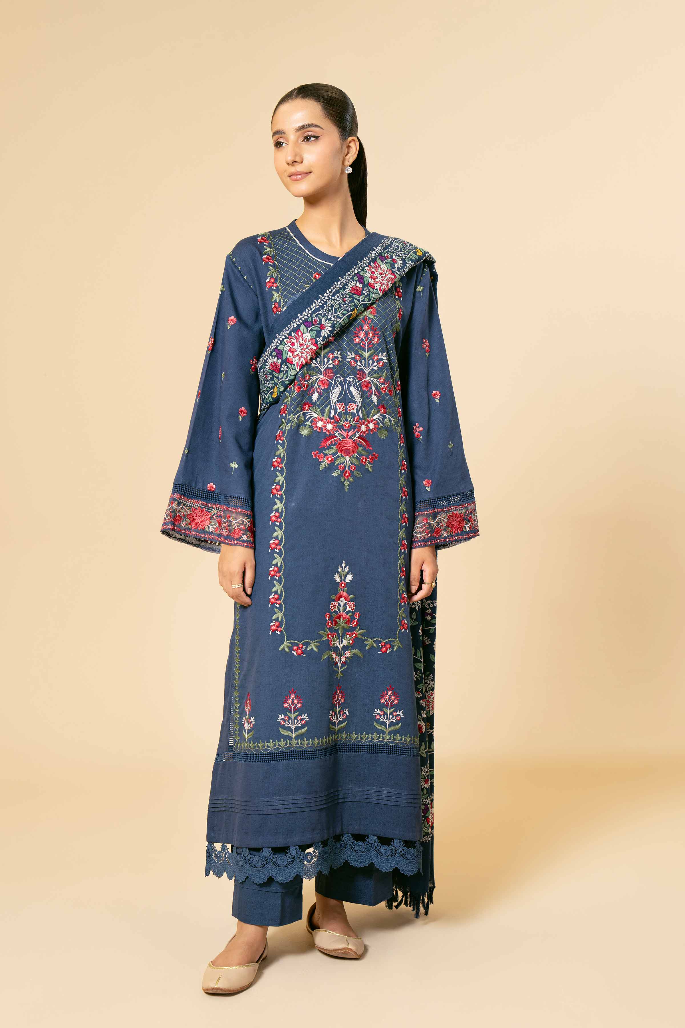 NishatUK - Blue Embroidered  Karandi 3-piece unstitched Suit