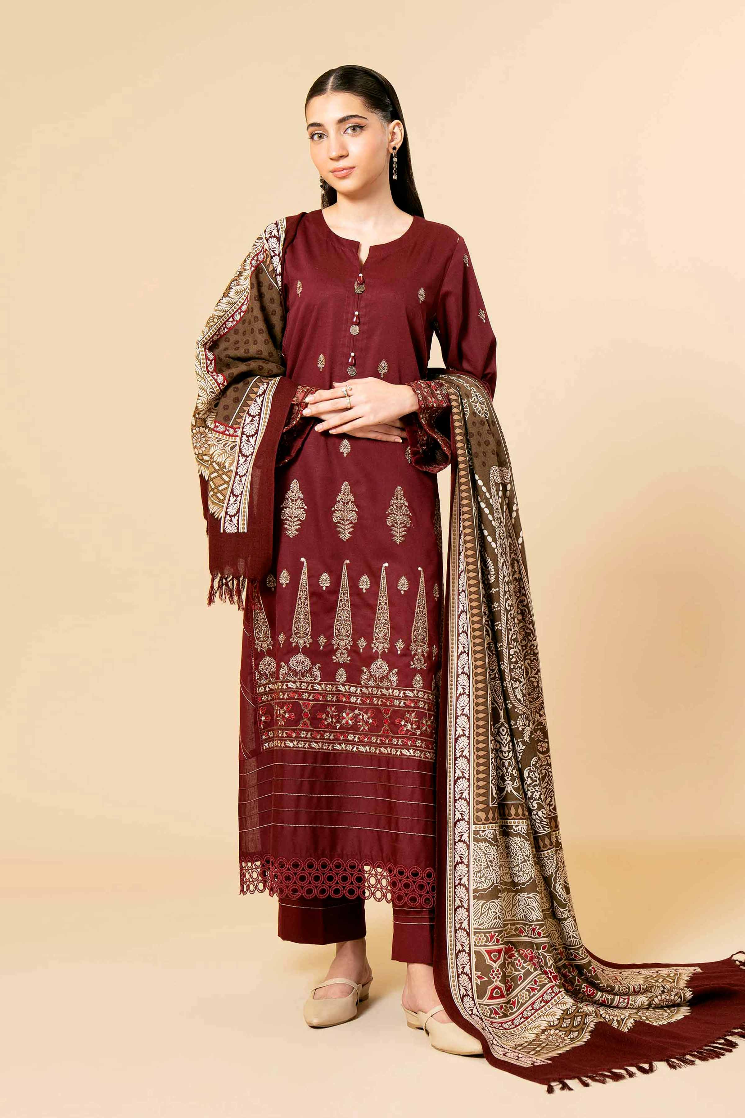 NishatUK - Red Embroidered  Karandi 3-piece unstitched Suit