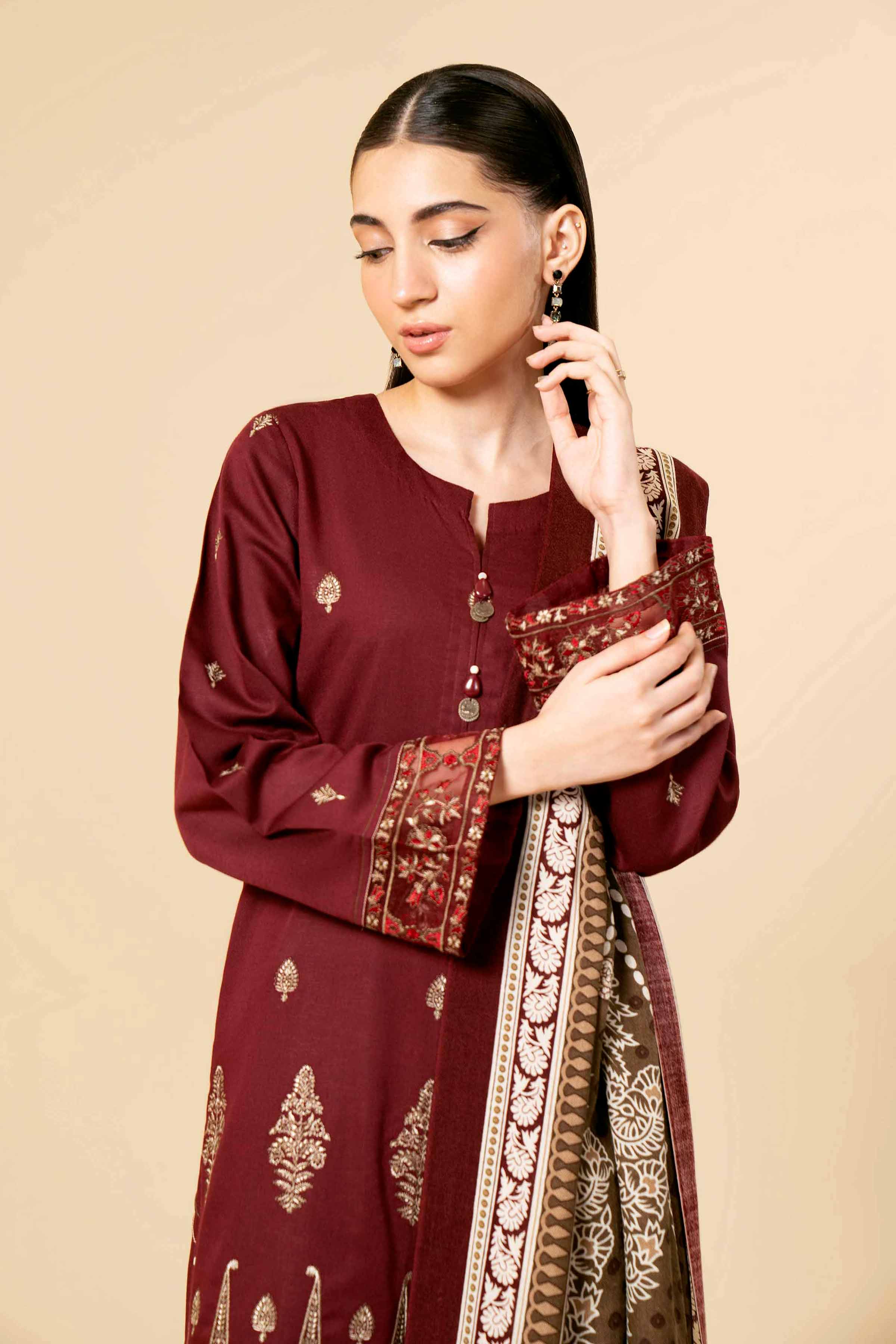 NishatUK - Red Embroidered  Karandi 3-piece unstitched Suit