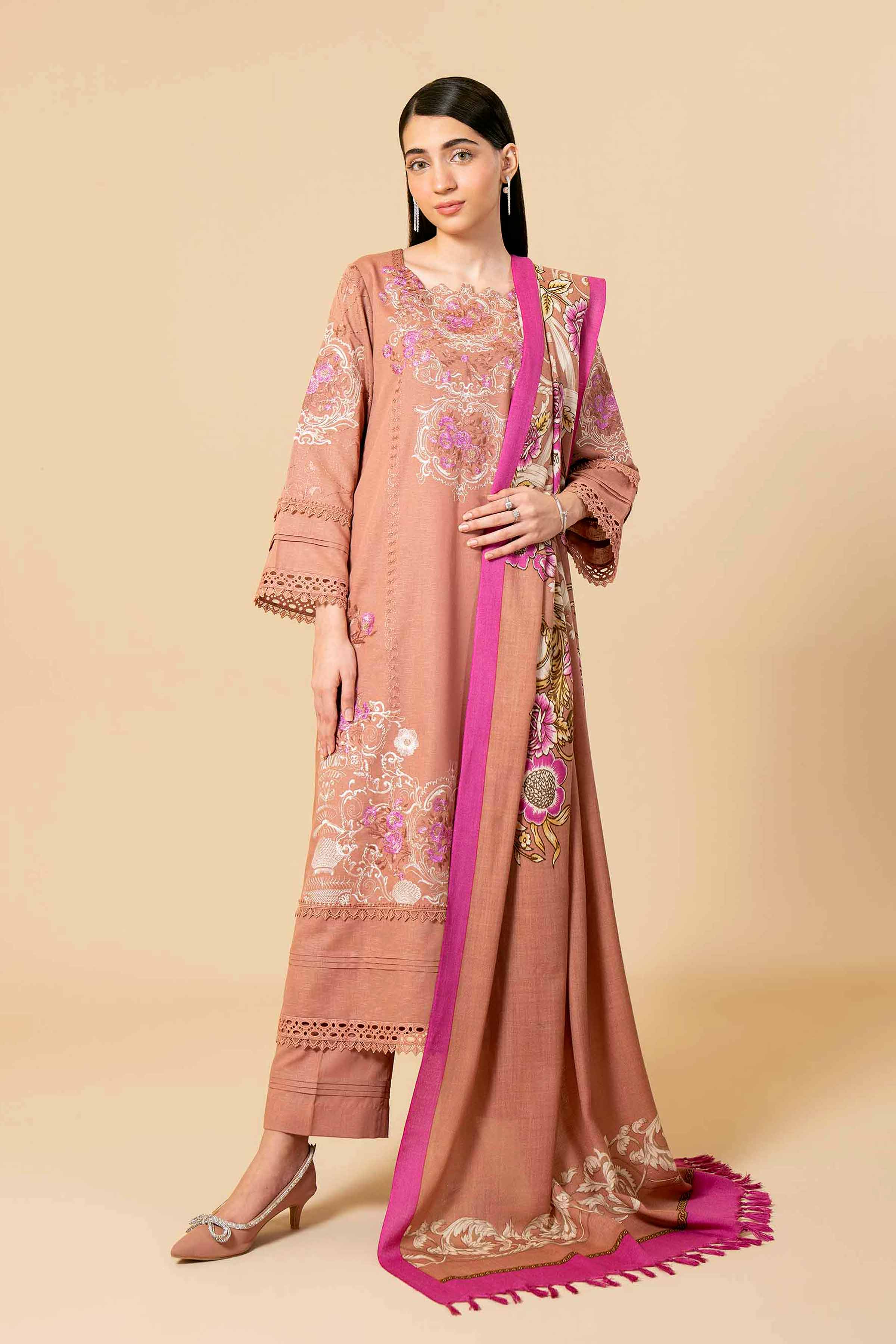 NishatUK - Pink Embroidered  Karandi 3-piece unstitched Suit