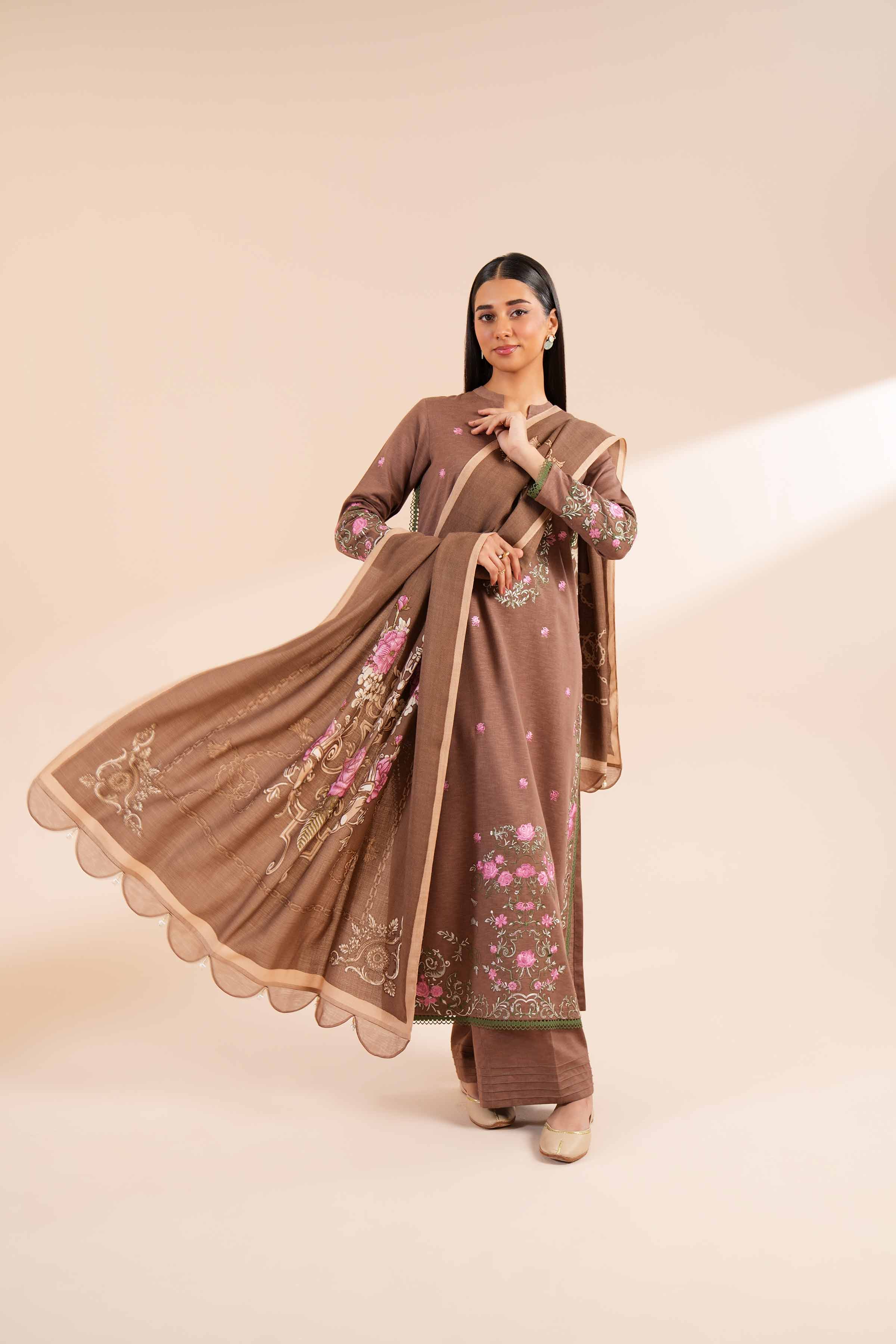 NishatUK - Brown Embroidered  Karandi 3-piece unstitched Suit