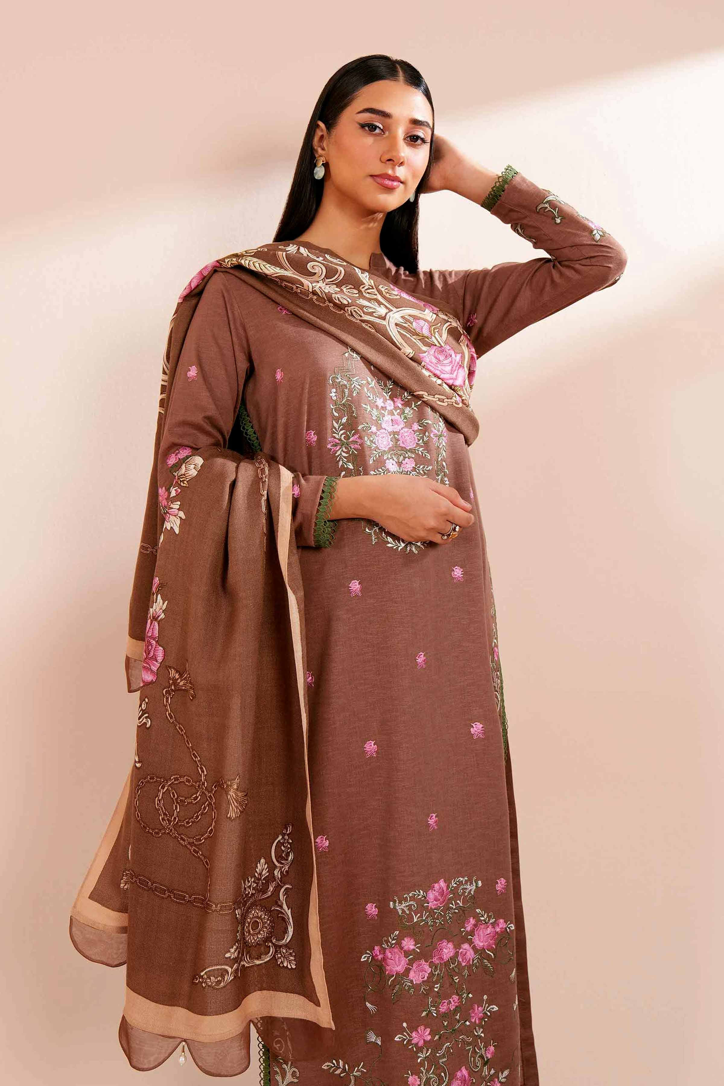 NishatUK - Brown Embroidered  Karandi 3-piece unstitched Suit