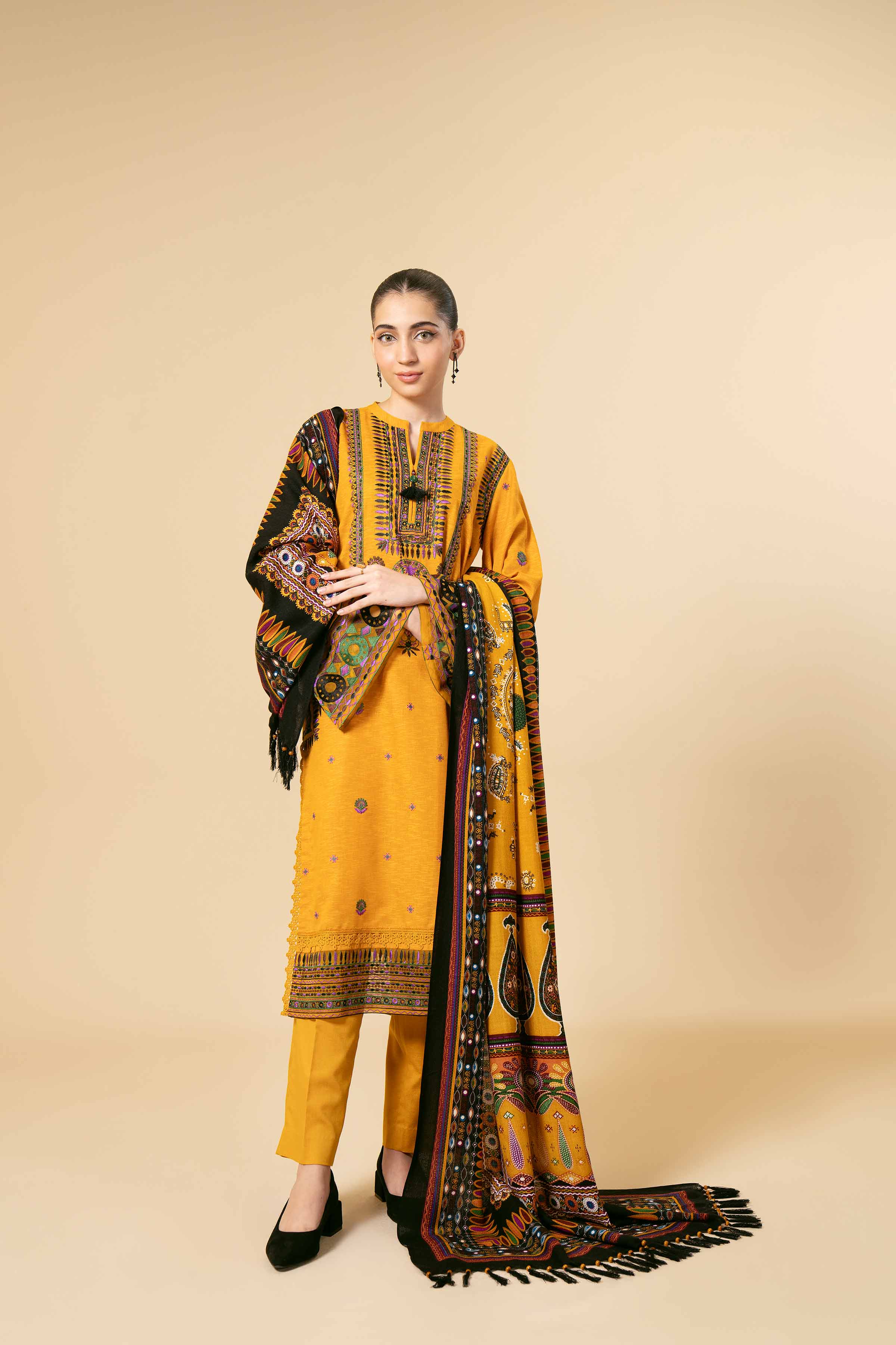 NishatUK - Yellow Embroidered  Karandi 3-piece unstitched Suit