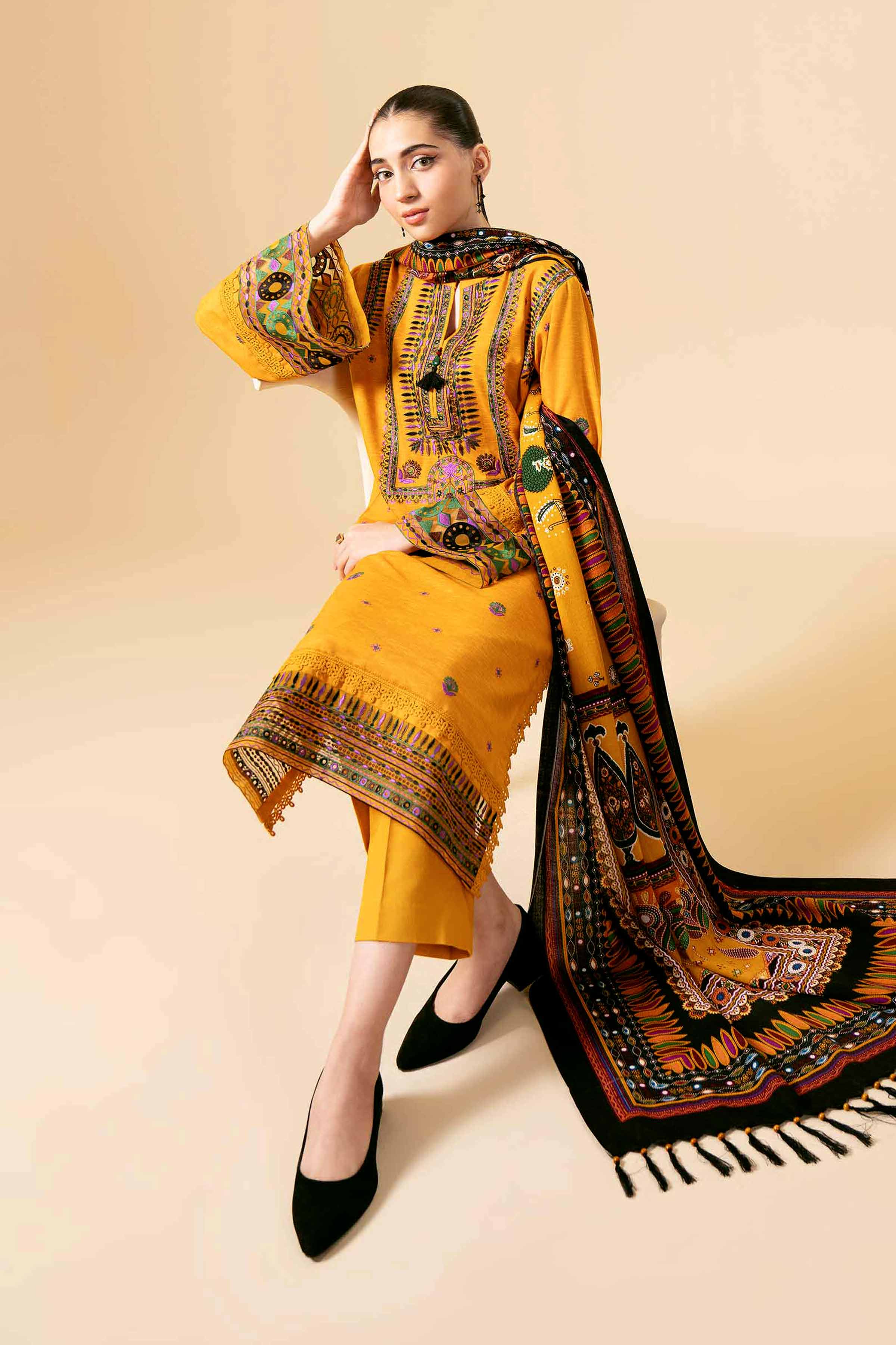 NishatUK - Yellow Embroidered  Karandi 3-piece unstitched Suit