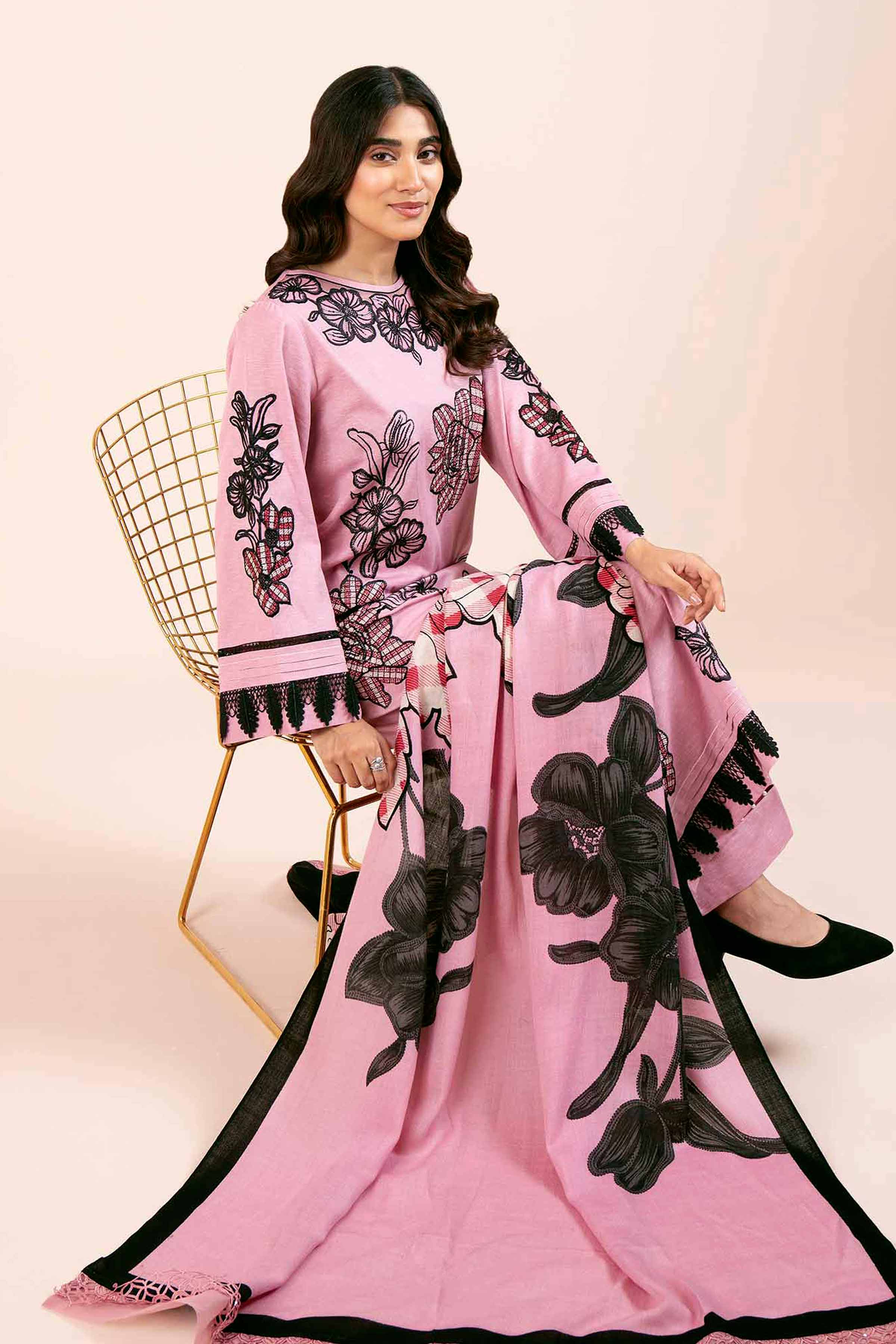 NishatUK - Pink Embroidered  Karandi 3-piece unstitched Suit