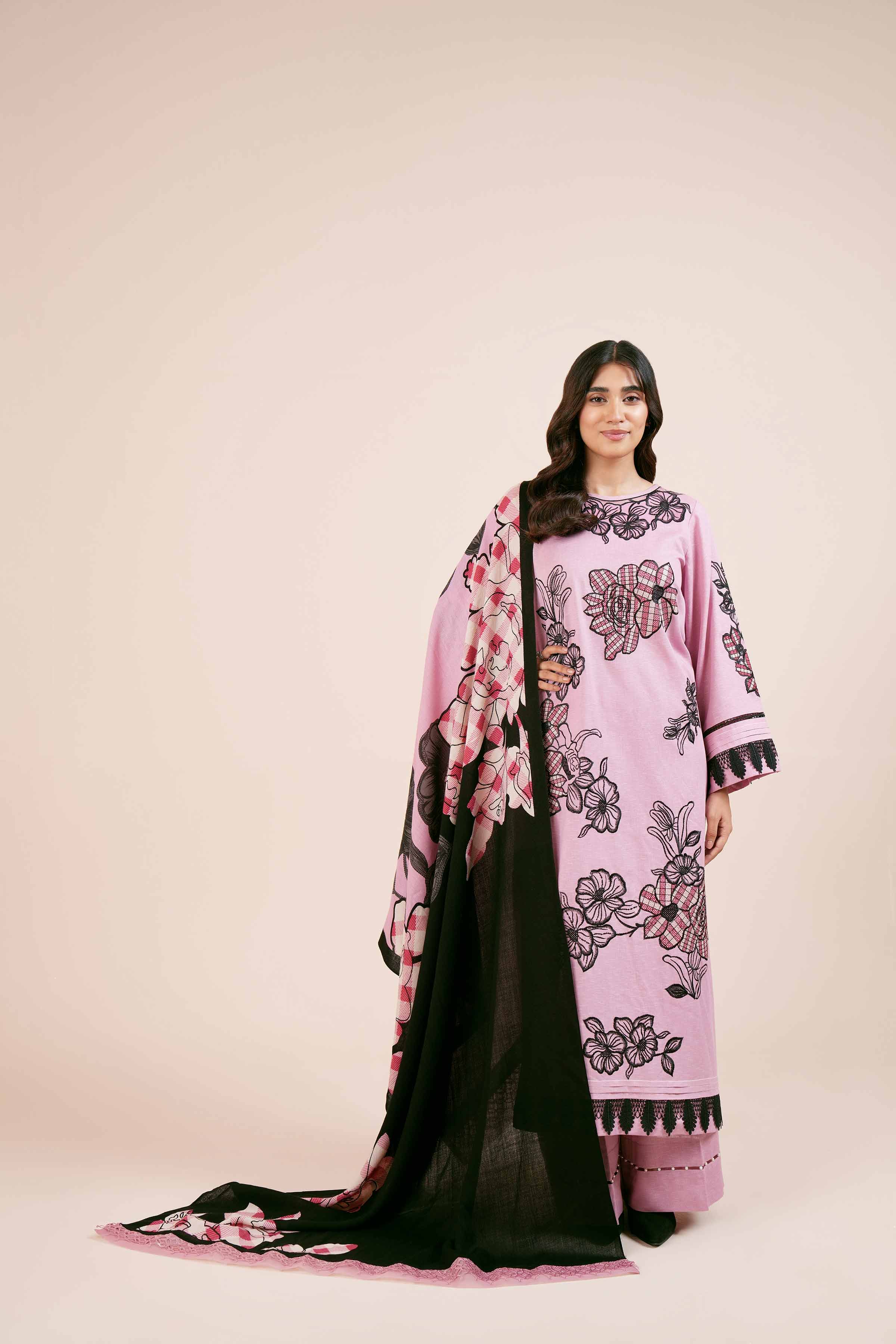 NishatUK - Pink Embroidered  Karandi 3-piece unstitched Suit