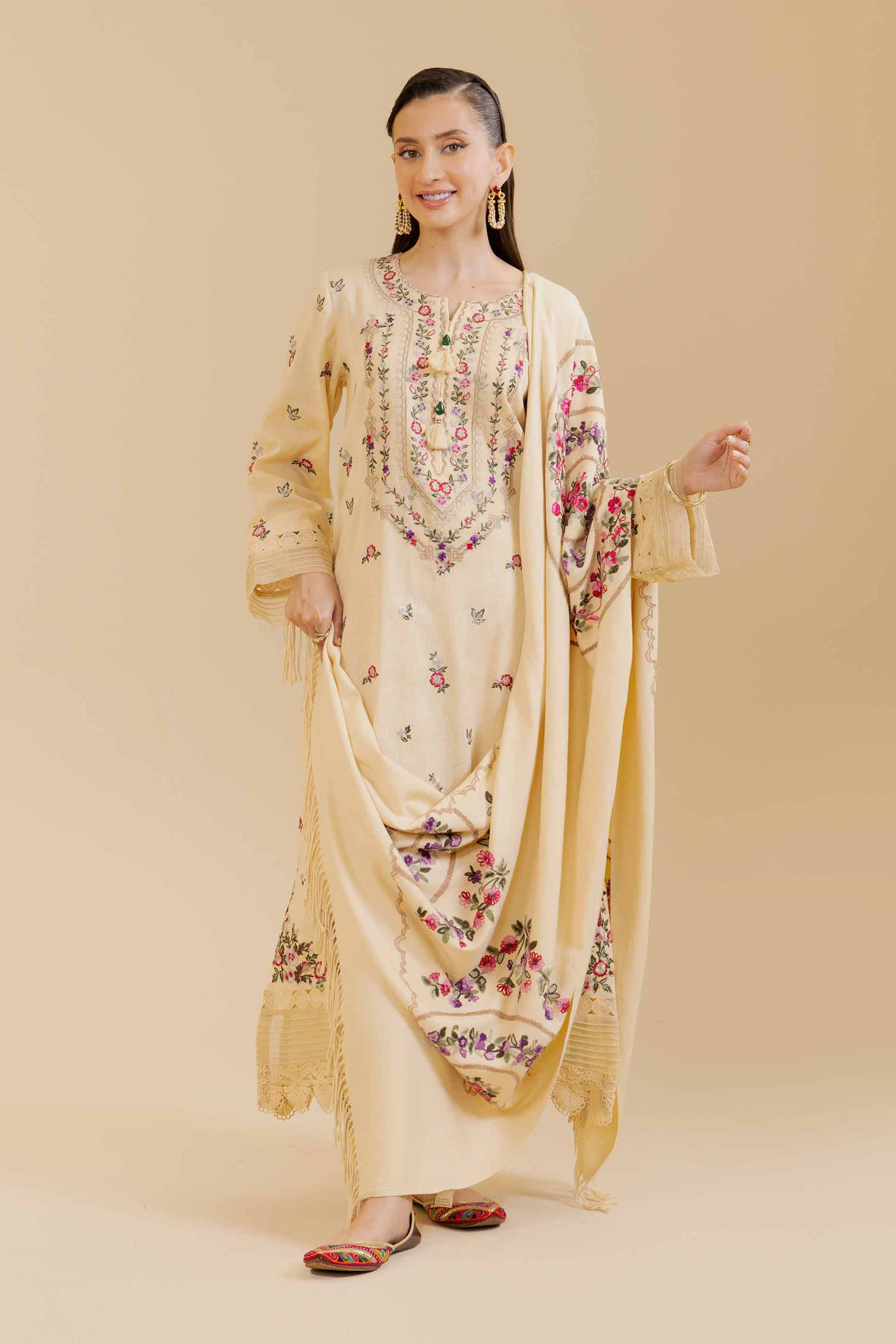 NishatUK - Beige Embroidered   Cotton 3-piece unstitched Suit