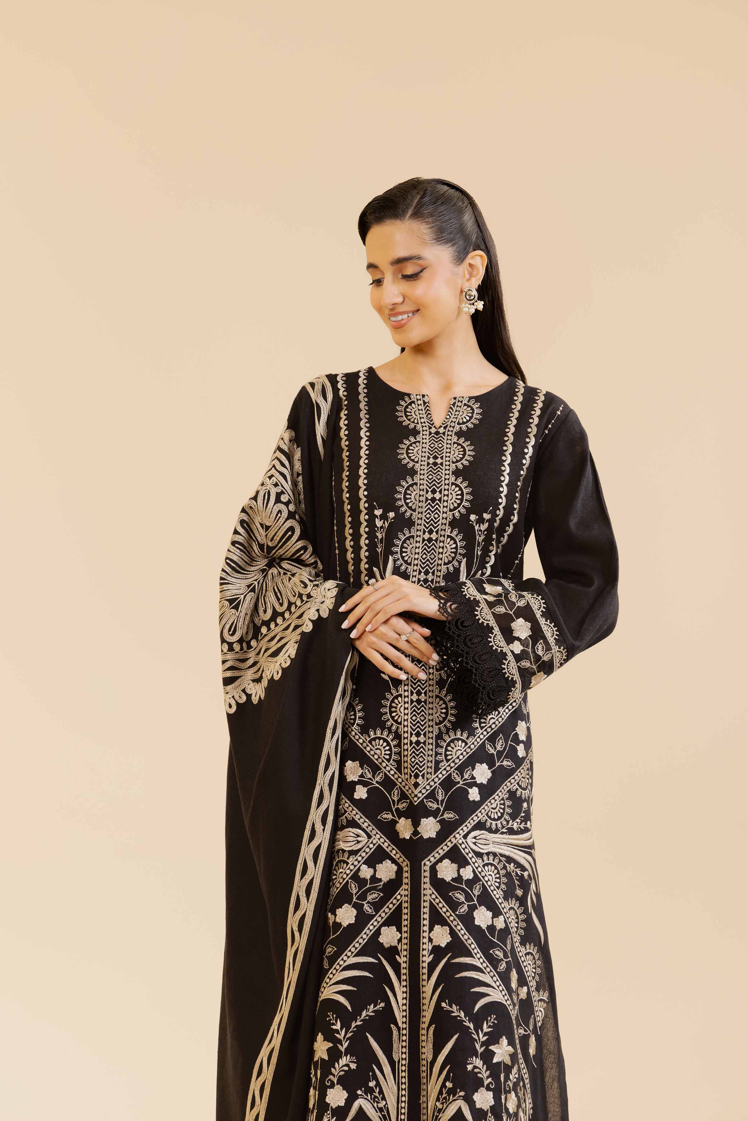 NishatUK - Black Embroidered   Cotton 3-piece unstitched Suit
