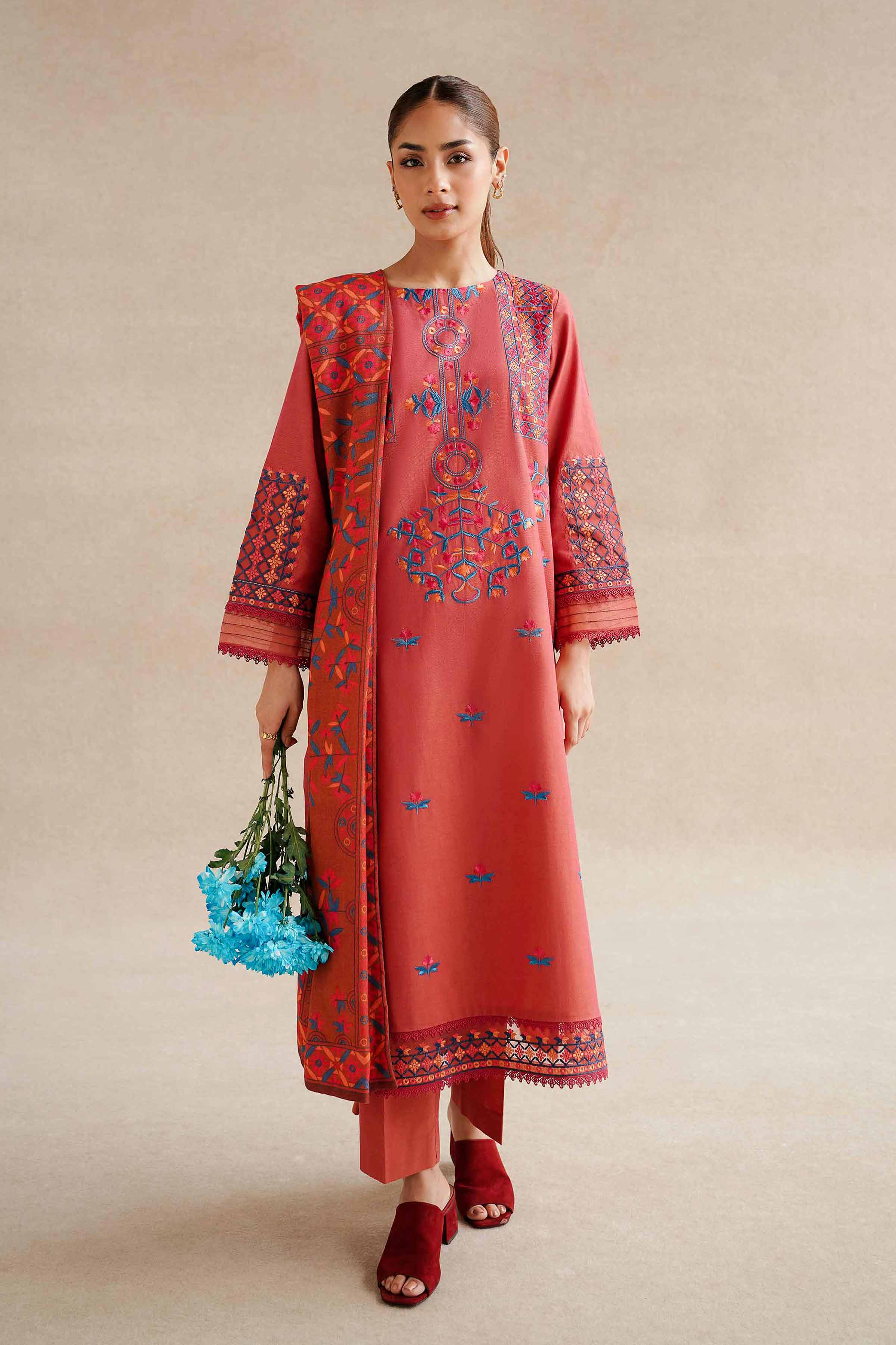 NishatUK - Red Embroidered  Yarn Dyed 3-piece unstitched Suit